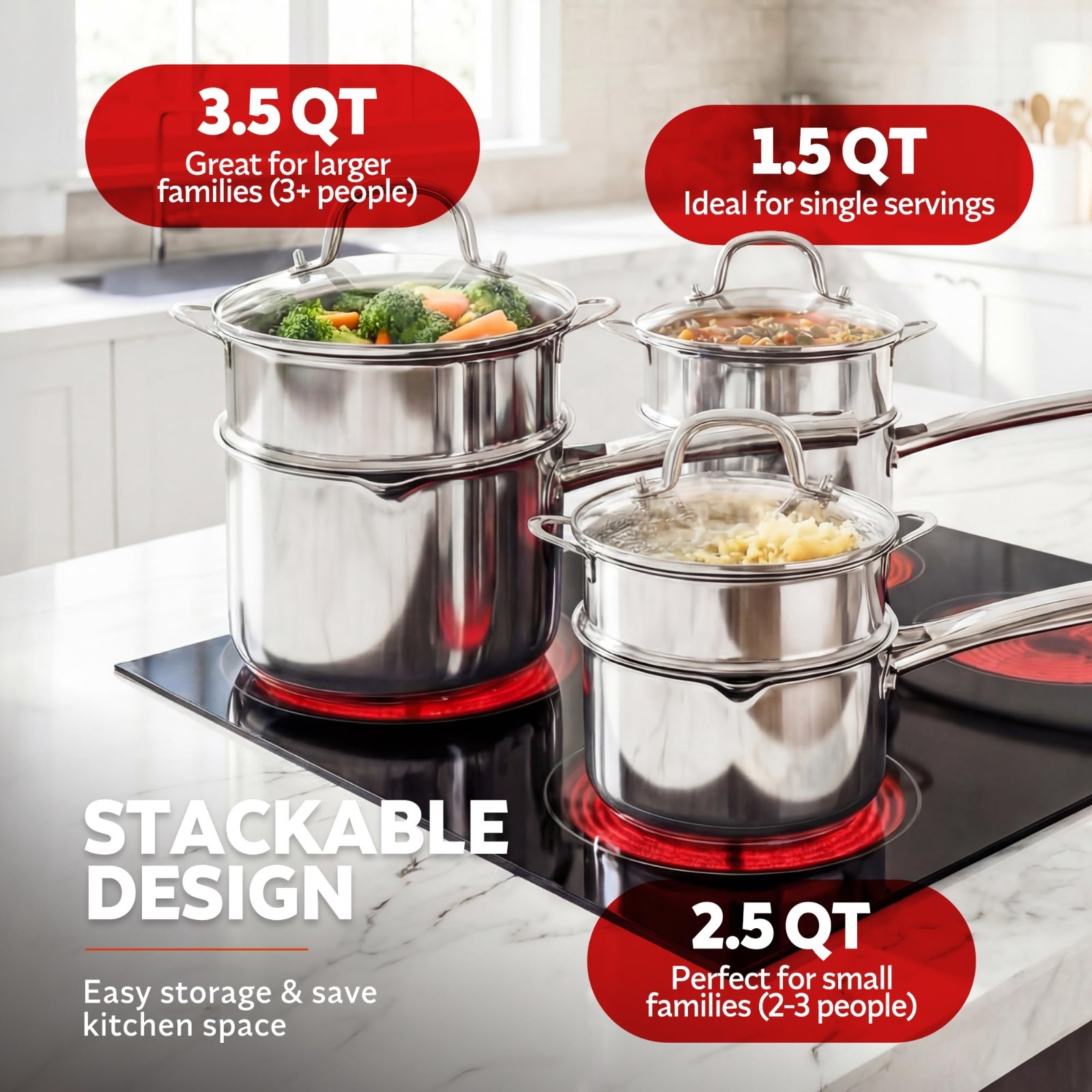 2-in-1 Stainless Steel Steamer & Saucepan Set – 1.5 Qt with Pour Spouts & Glass