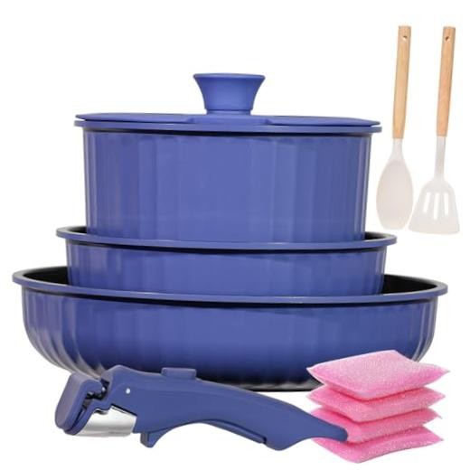 11 Piece Pots and Pans Set Nonstick with Removable Handle, Induction Blue
