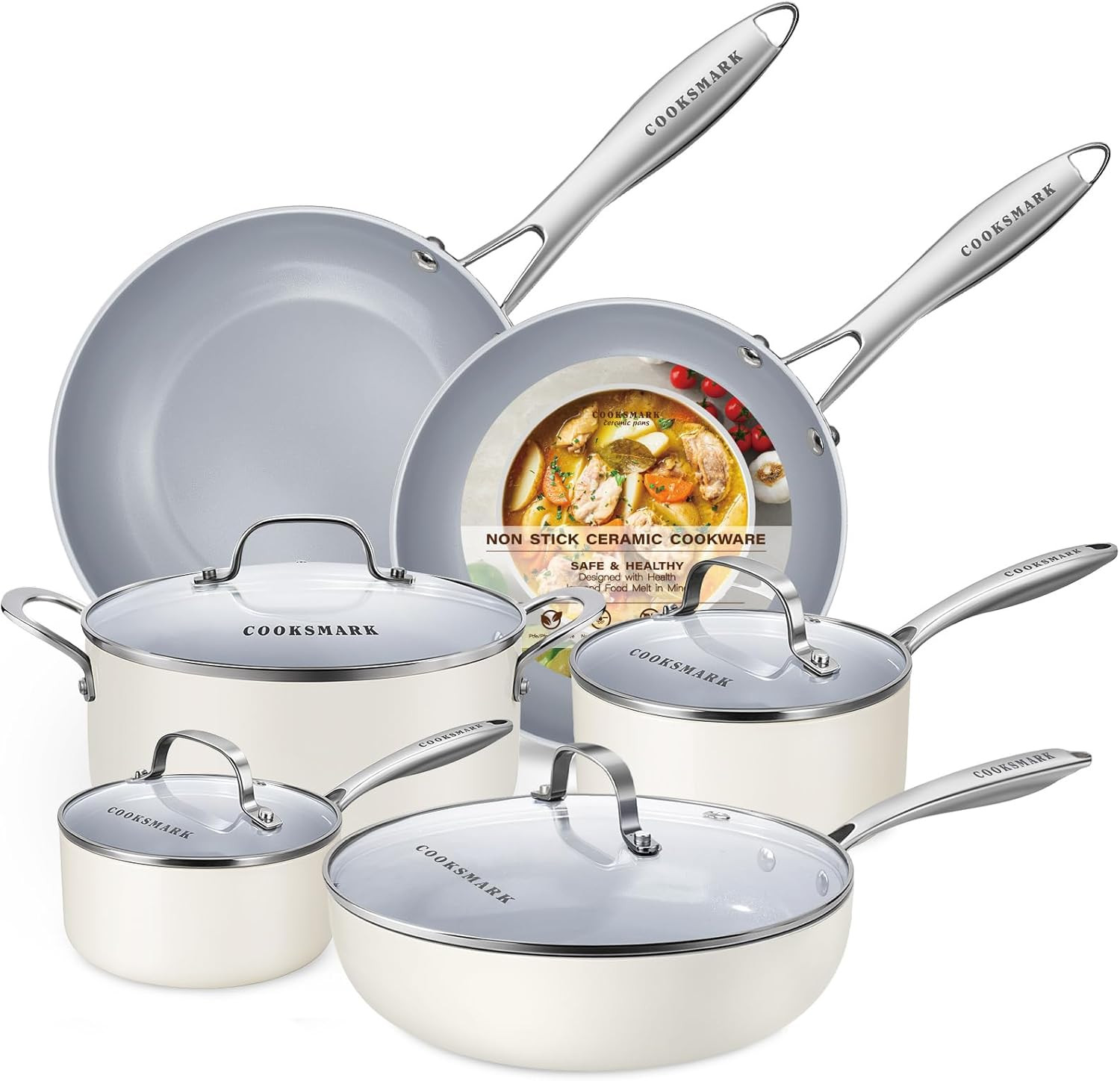 10-Piece Nonstick Ceramic Cookware Set – Induction Compatible – Cream White