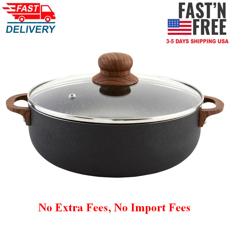 13.5 Quart Aluminum Black Stone Nonstick Caldero with Glass Lid & Woodlook Handl