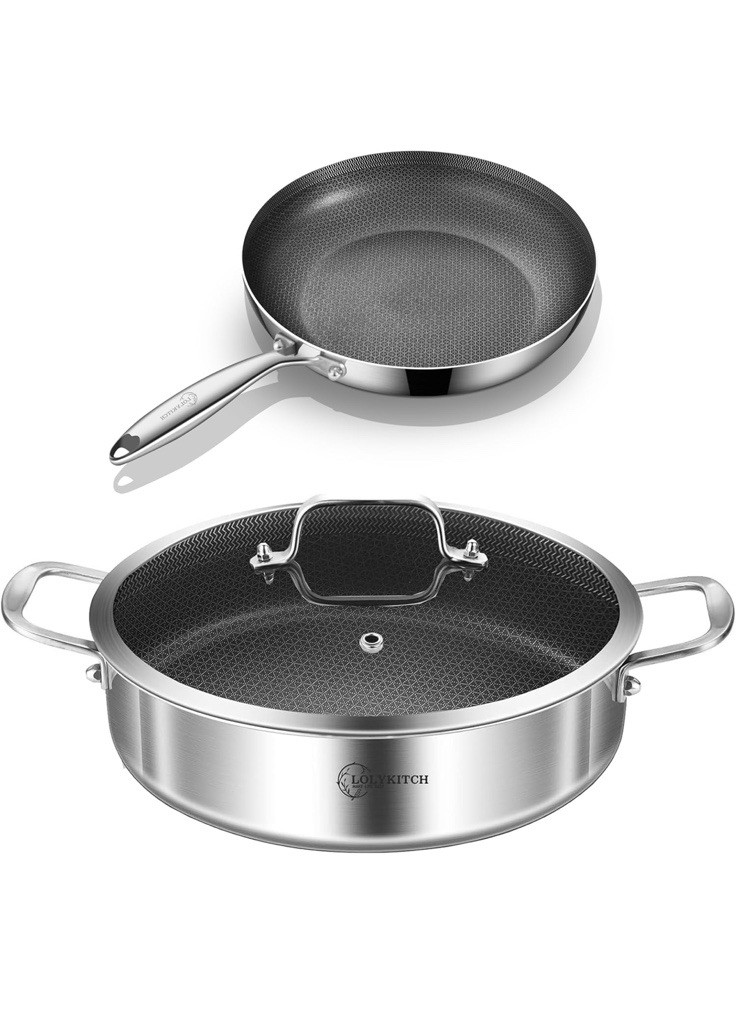 LOLYKITCH 6QT Tri-Ply Stainless Steel Sauté Pan with Lid+8″Nonstick Fry Pan Set