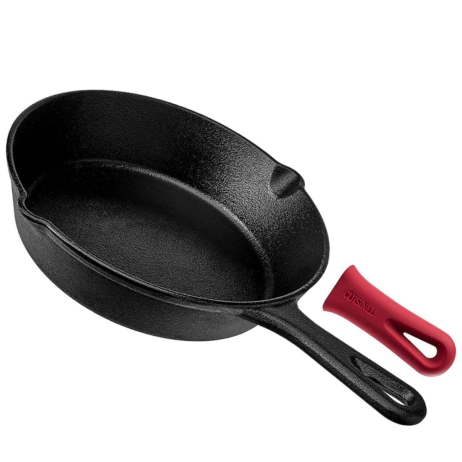 Cast Iron Skillet – 8″ Frying Pan with Pour Spouts + Silicone Handle