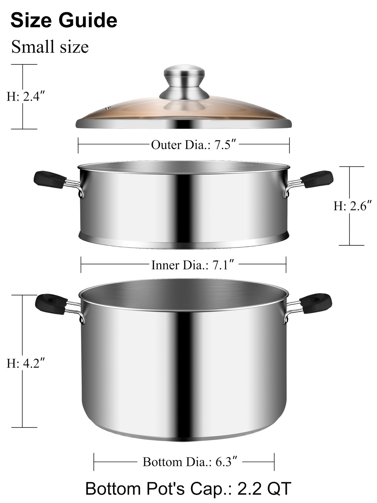 7.1 Inch 2.1 QT Small Vegetable Steamer Pot Induction Stainless Steel Steam