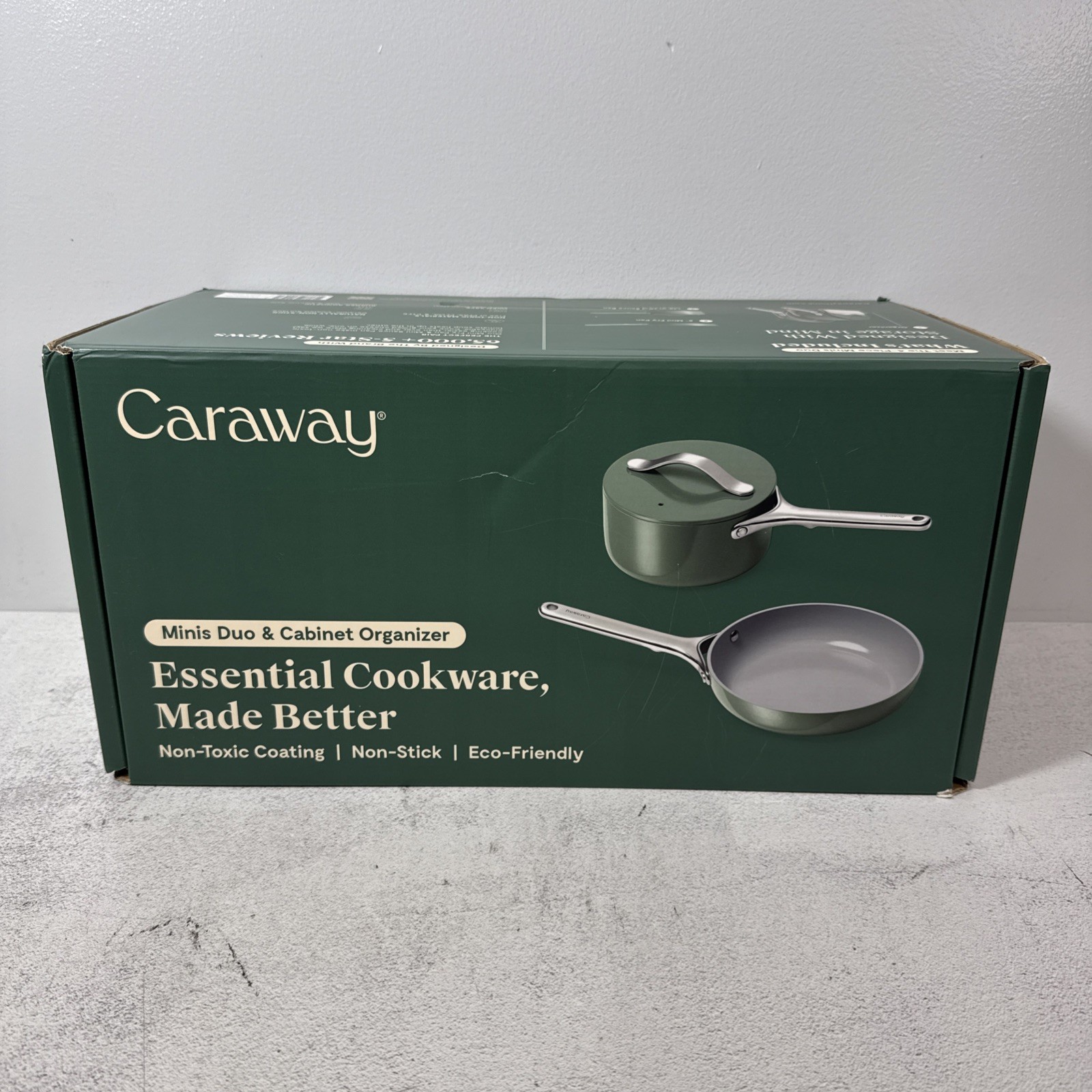 Caraway Minis Duo 8” Fry Pan + 1.75 Qt Sauce Pan + Cabinet Organizer, Sage NEW