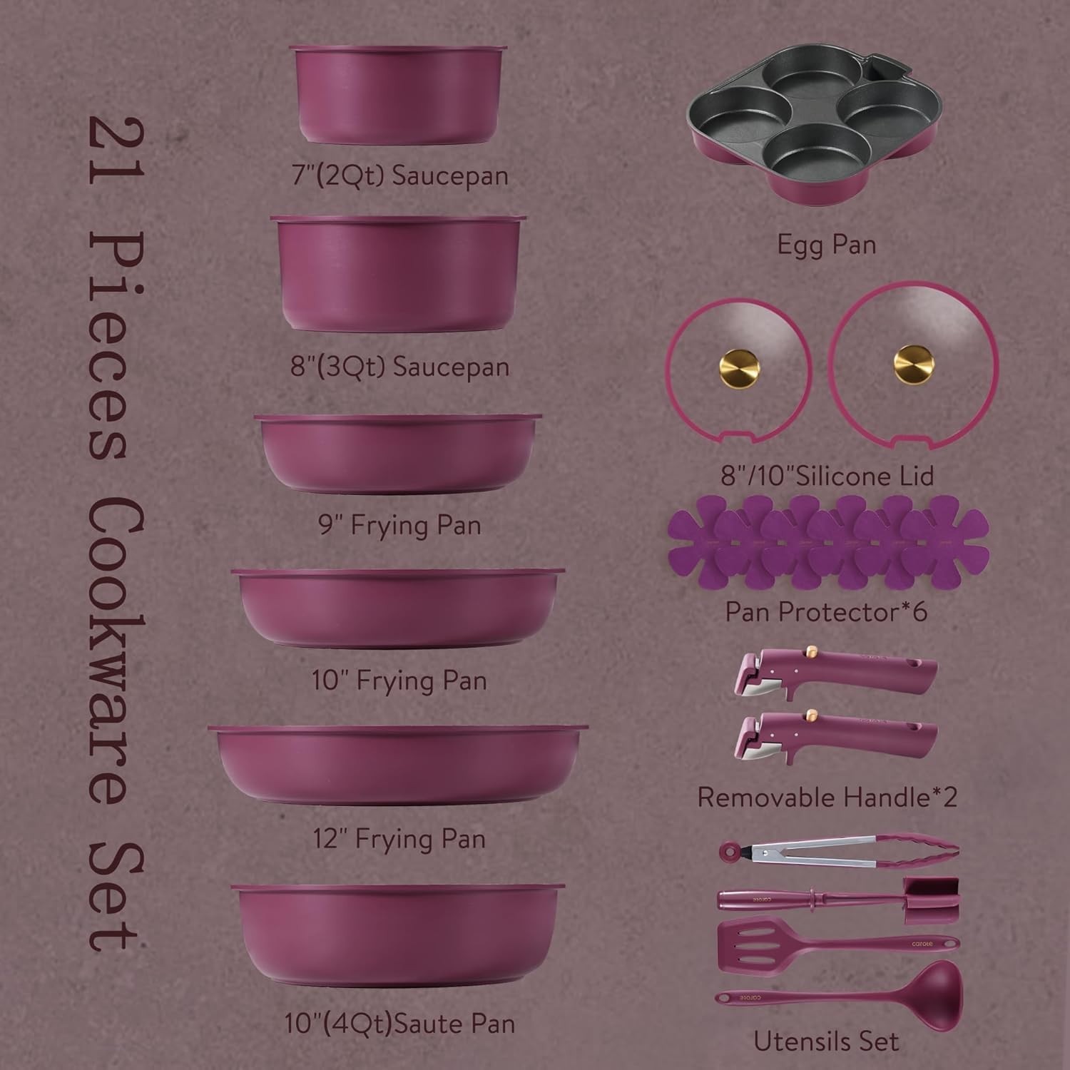 21-Piece Nonstick Cookware Set with Detachable Handles – Induction Compatible
