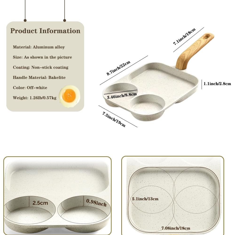 1 PC 3 Section Nonstick Aluminum Egg Frying Pan Breakfast Divided Skillet