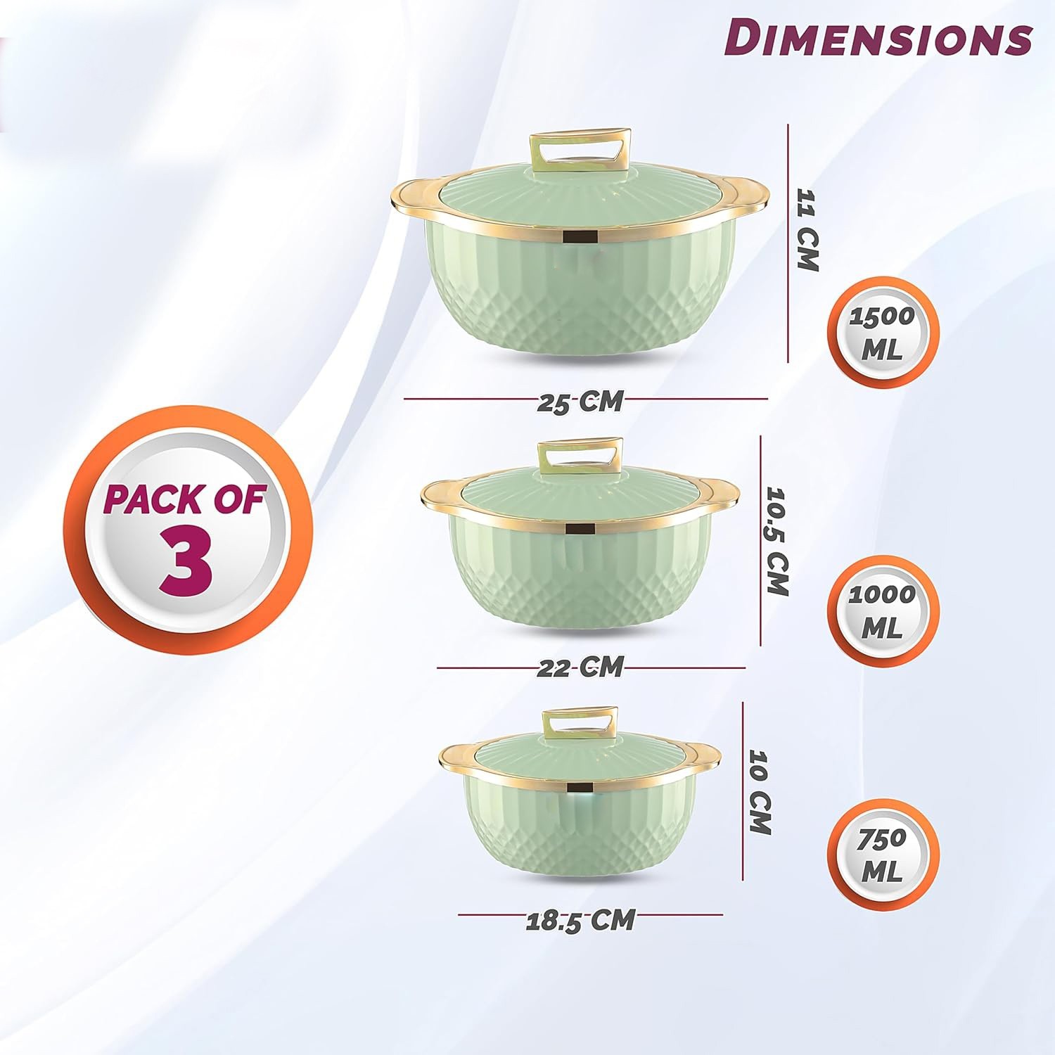 Inner Steel Casserole Set of 3 750 ml,1000 ml & 1500 ml BPA Free Hot Pot