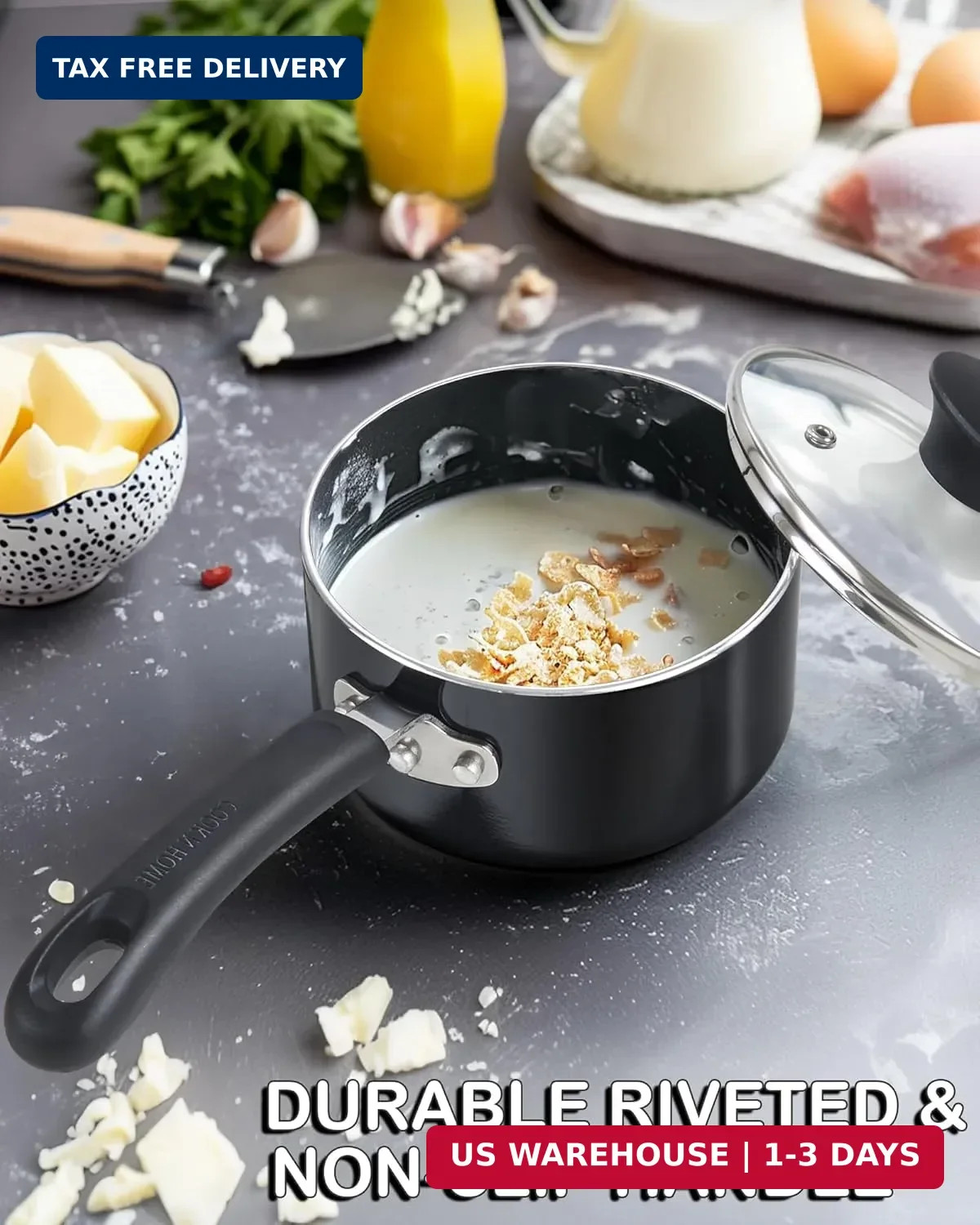 Cook N Home Basic 3 Quart Nonstick Saucepan with Glass Lid, Non Stick Aluminum S