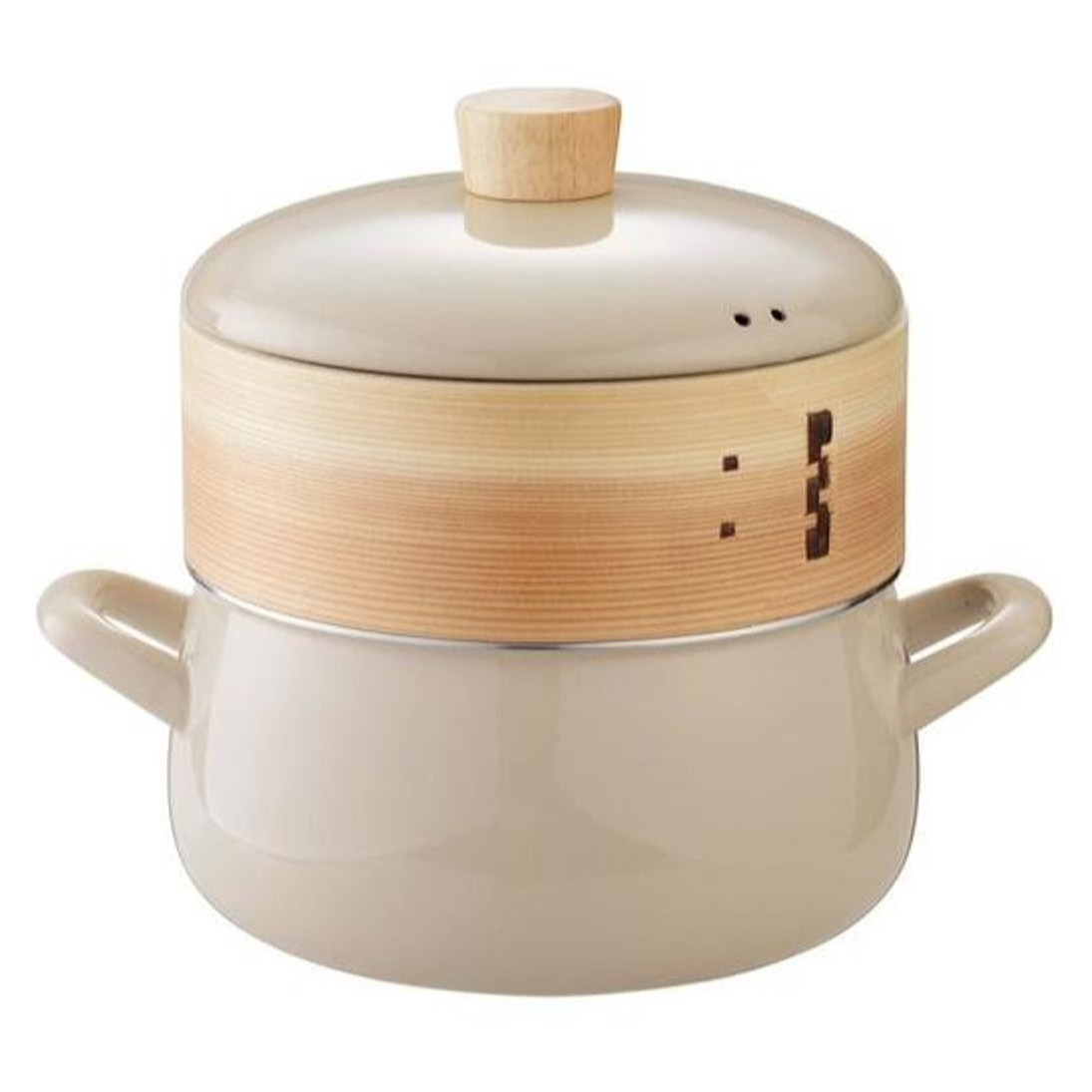 FUJIHORO Enamel Pot with Steamer Insert 7.8in & 7.0in White Greige JAPAN NEW