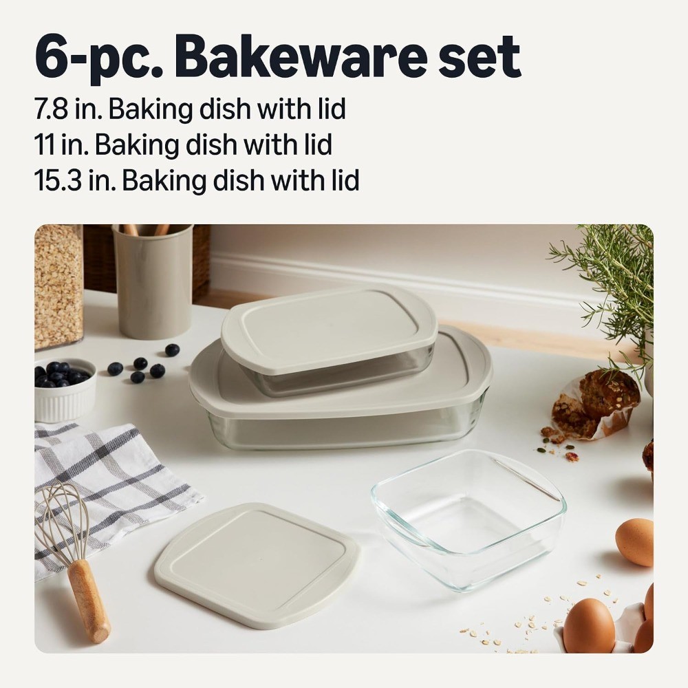 6-Piece Linen Gray Borosilicate Glass Bakeware BPA Free Lids Oven Safe 752°F