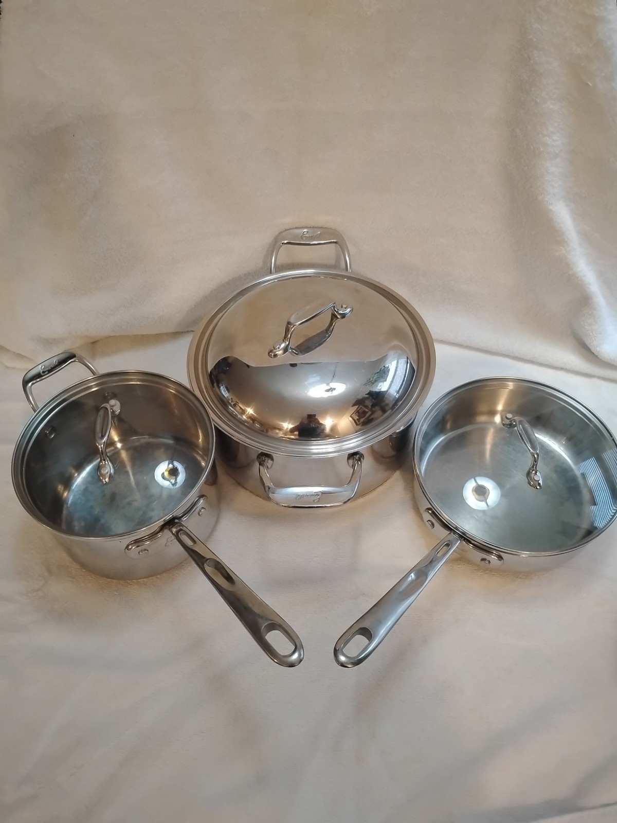 Emeril LaGasse 6 Piece Stainless Steel Cookware Set. Glass Lids Lot