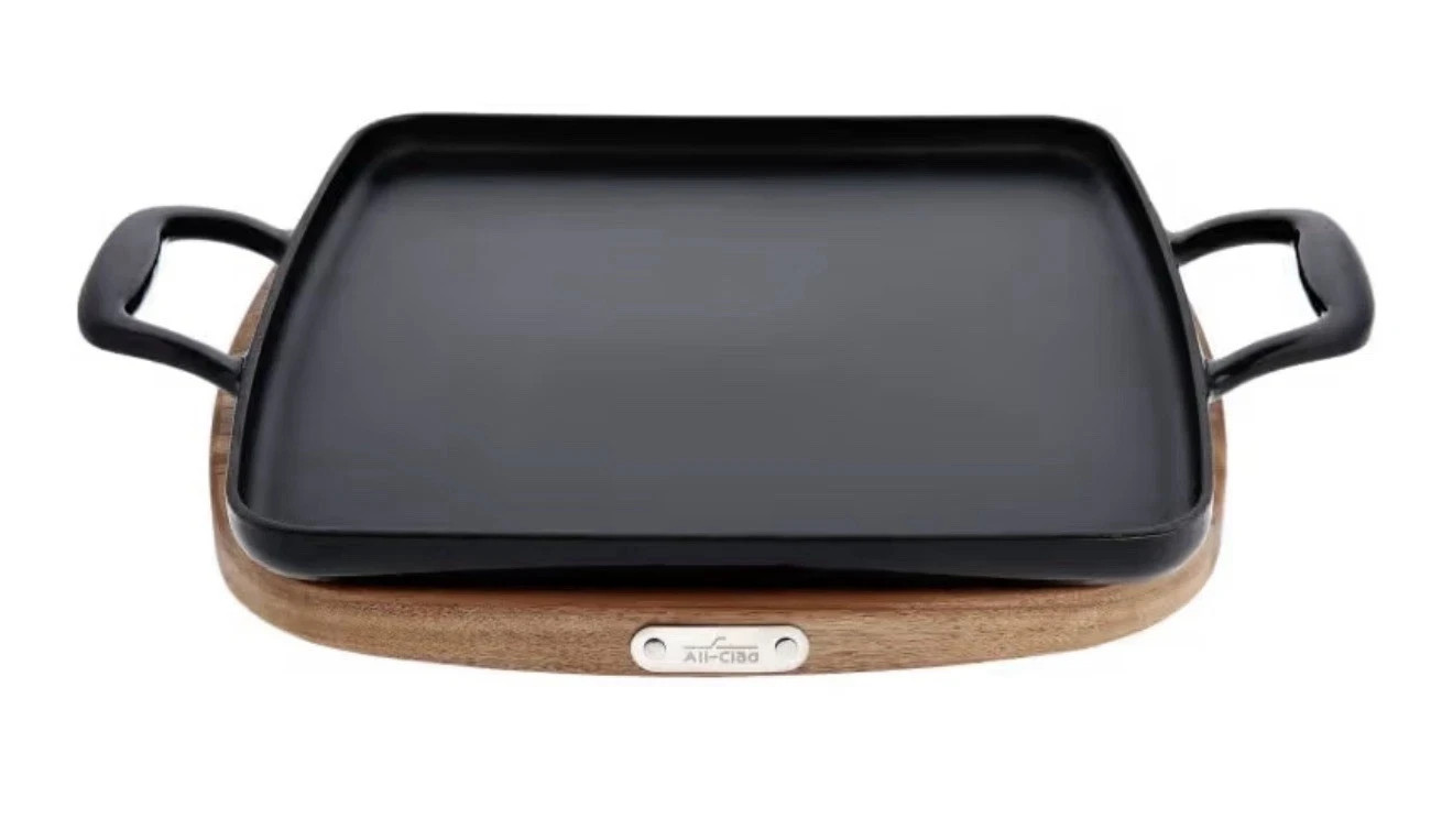 All-Clad Cast Iron 11″ Square Grill Enameled with Acacia Wood
