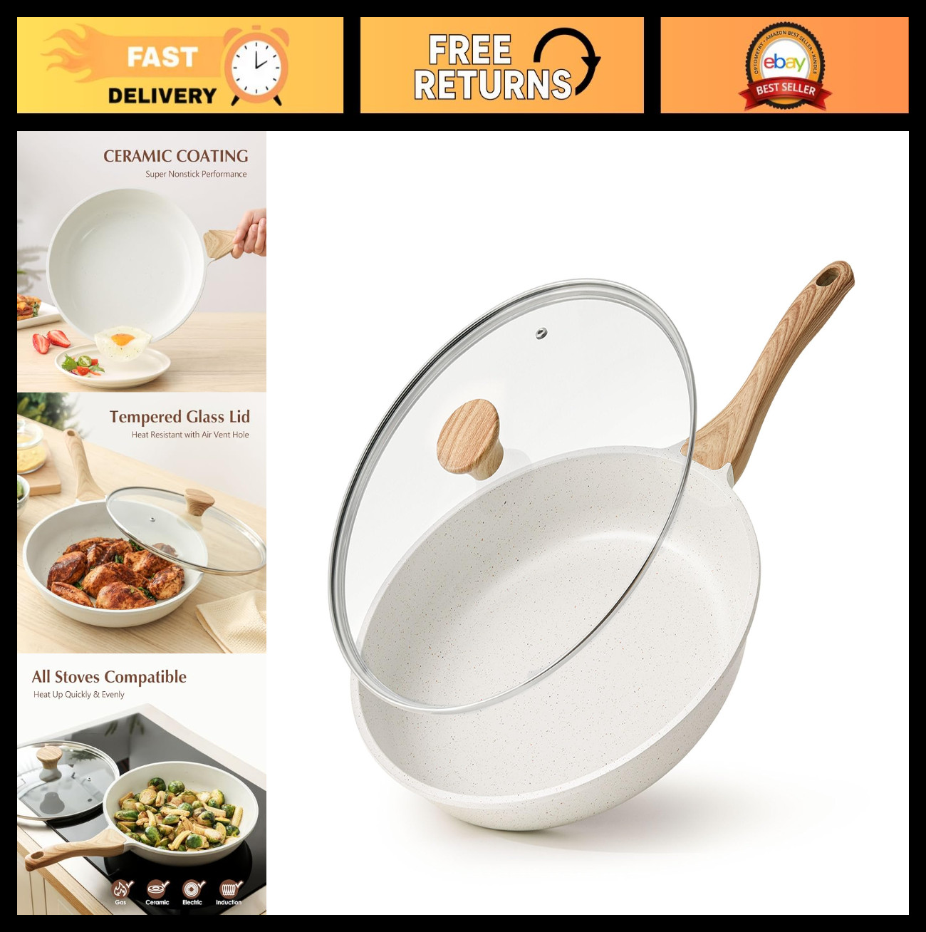 10″ Nonstick Ceramic Frying Pan with Lid, Induction Compatible, Healthy & Safe C
