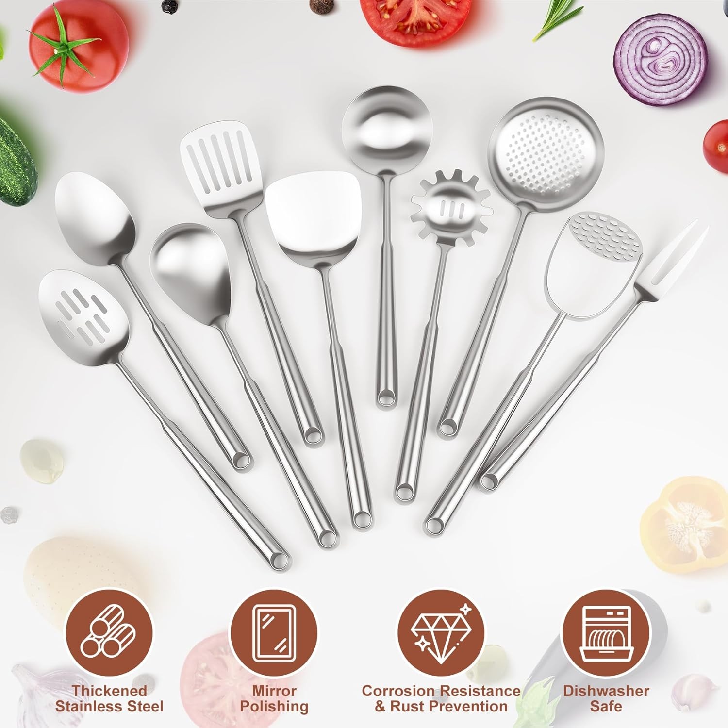 18 10 Stainless Steel Cooking Utensils Set, 10pcs Long Metal Kitchen Utensils