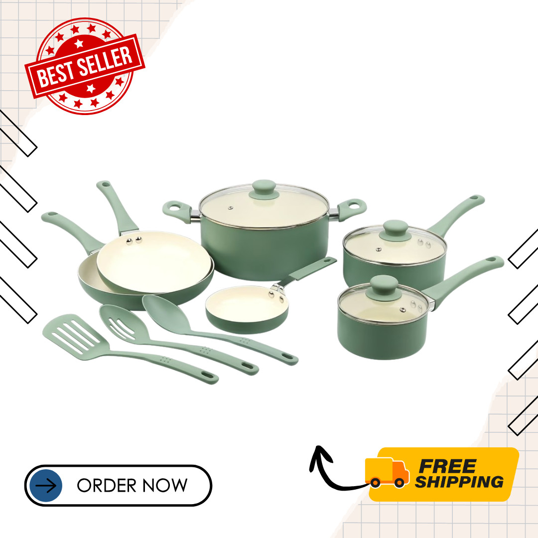 [SALE] Mainstays 12 Piece Ceramic Nonstick Cookware Set Green Pots Pans Utensils