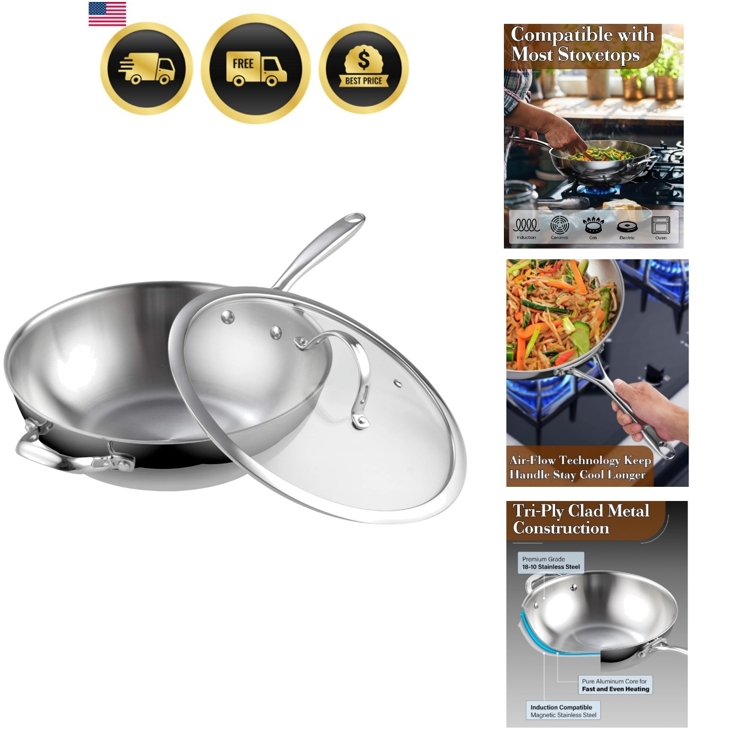 Stainless Steel Wok Pan 12 Inch Stir Fry Pan with Glass Lid Dishwasher Safe