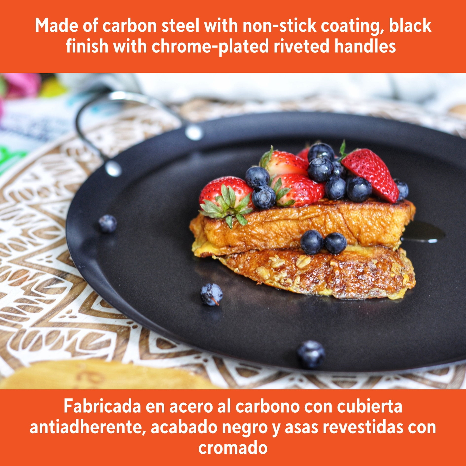 13.5in Carbon Steel Nonstick Round Comal with Metal Handles, Black