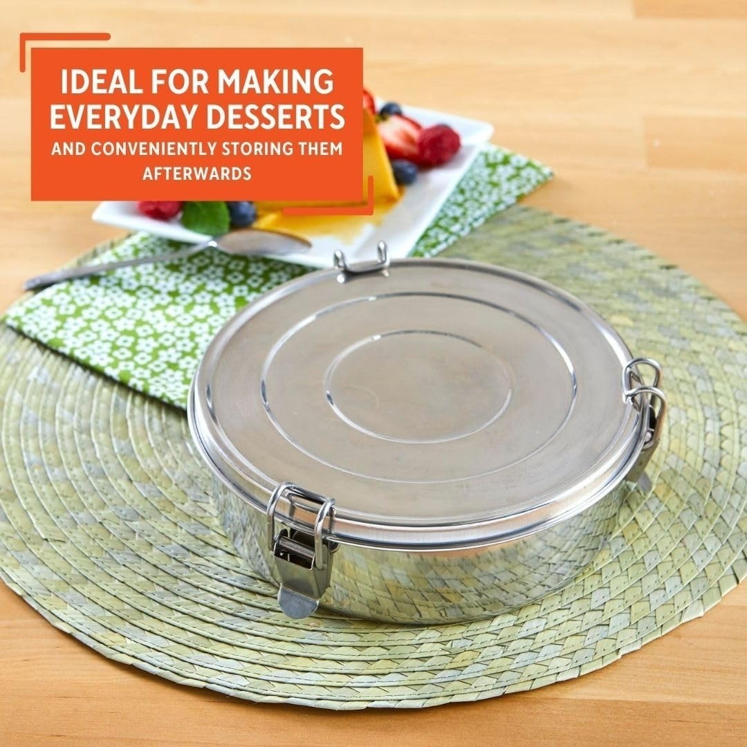 Molde Para Flan De Acero Inoxidable Redondo Con Tapa 8.3” Molde Metálico Plata.