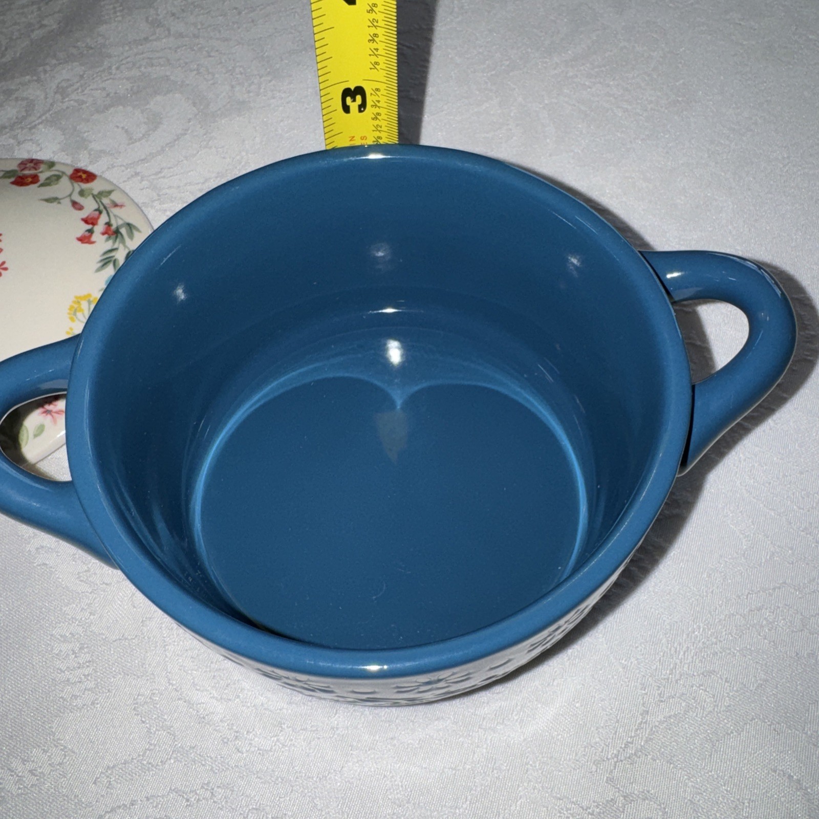Pioneer Woman Fancy Flourish Mini Cocotte with Lid 16 oz 4.5” In Diameter Blue
