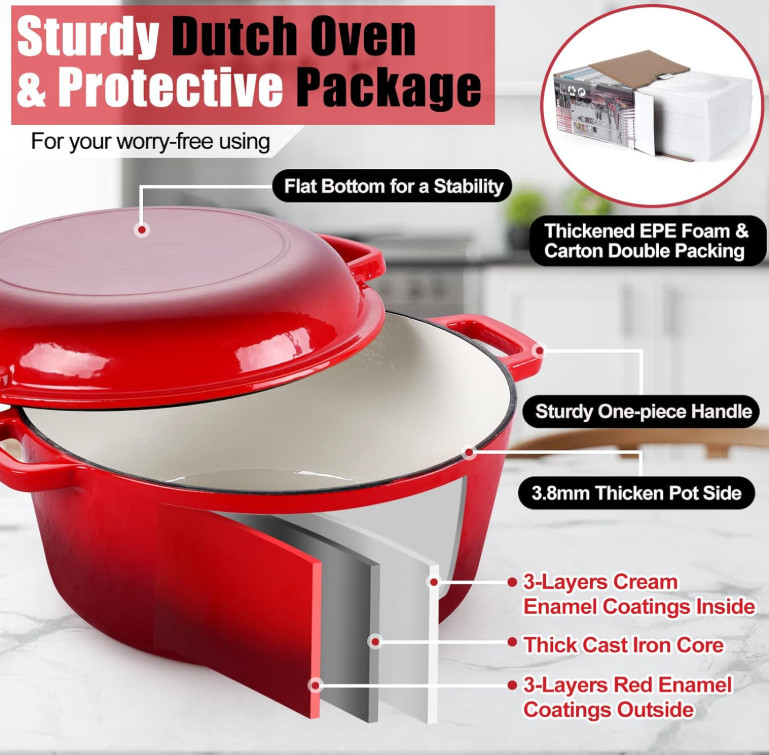 Olla holandesa hierro fundido 5QT 2 en 1 para pan horno y estofados roja, Nuevo