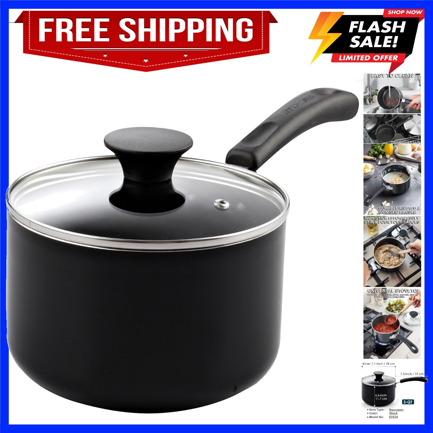 Basic 3 Quart Nonstick Saucepan with Glass Lid, Non Stick Aluminum Sauce Pan,…