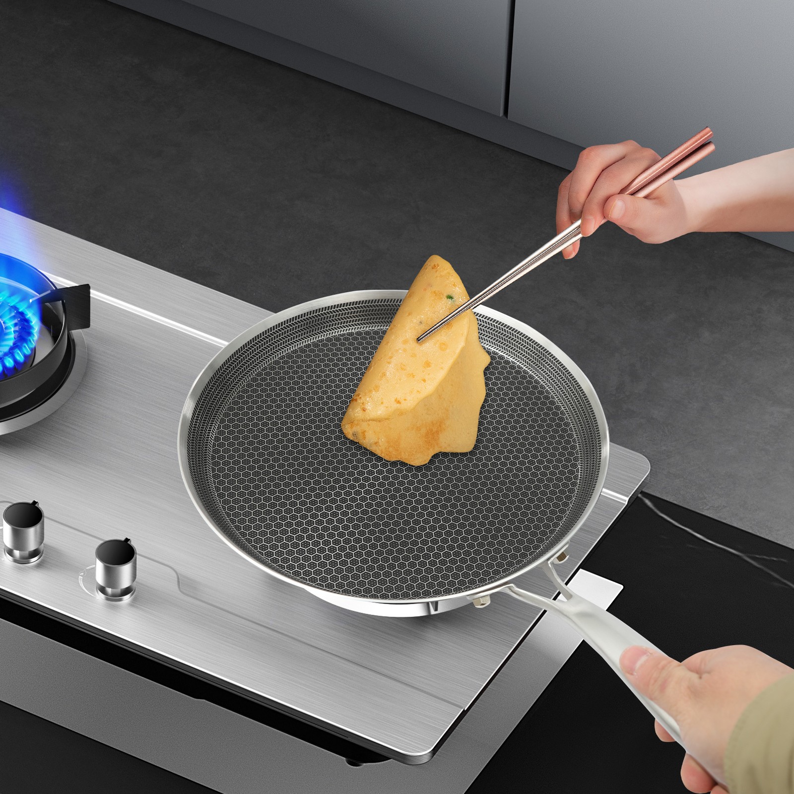 10-Inch Stainless Steel Non-Stick Crepe Pan with Flat Design for Easy Cooking