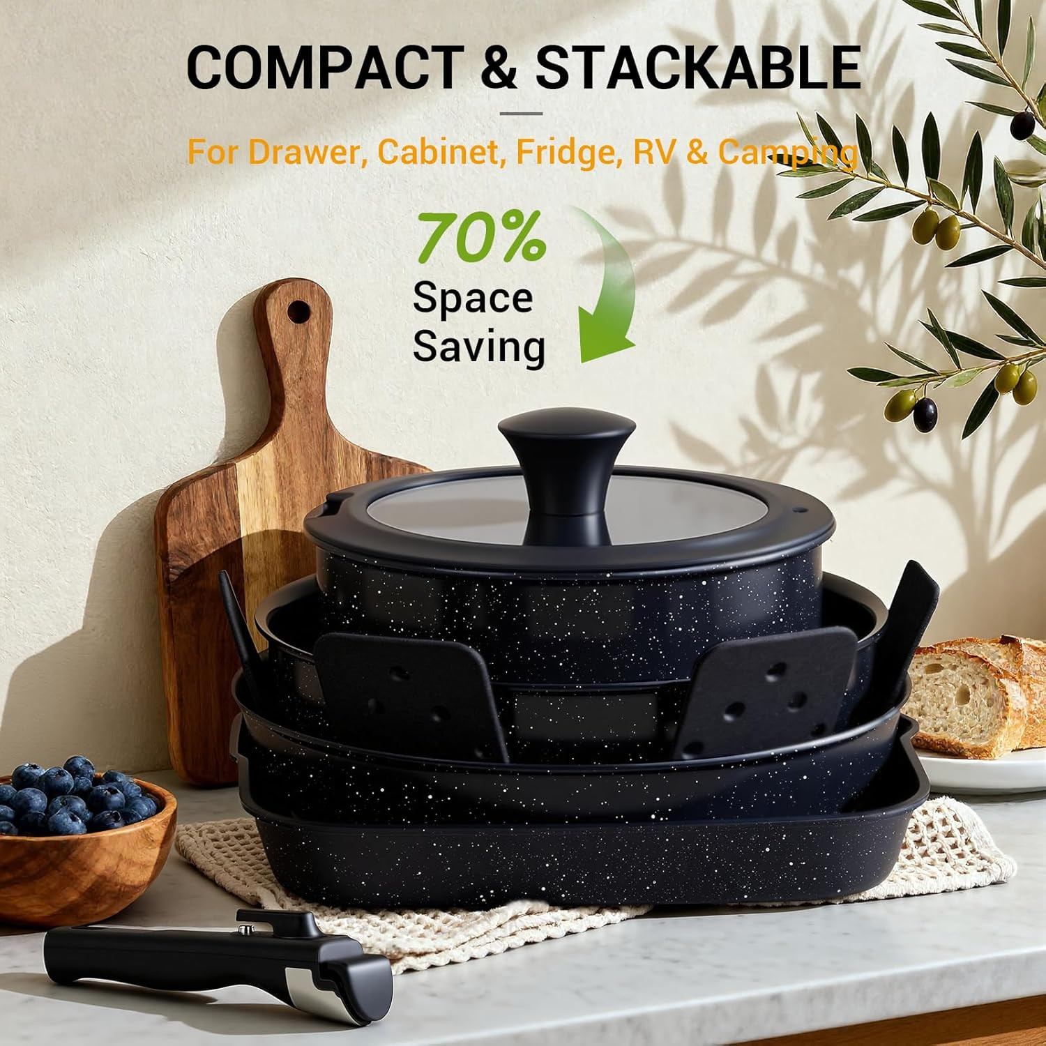 21 Pcs Pots and Pans Set Non Stick with Detachable Handle & Grill Pan, Induction