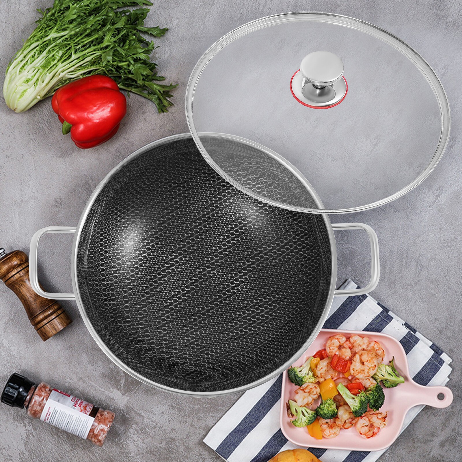 13.19in Non Stick Paella Pan Stainless Steel Frying/Cooking Pan Skillet With Lid