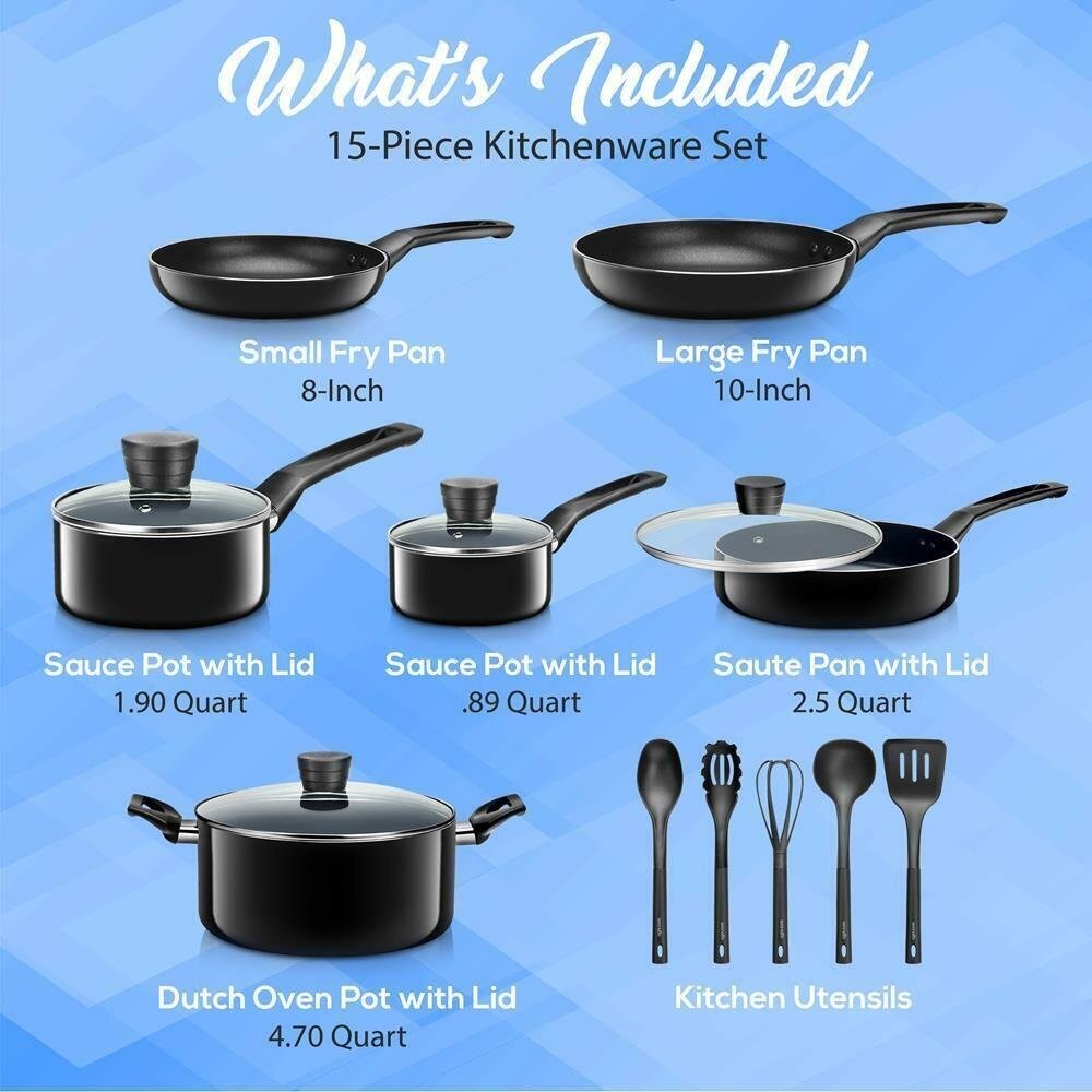 SereneLife Kitchenware Pots & Pans Set- Non-Stick Inside, Heat Resistant (15Pcs)