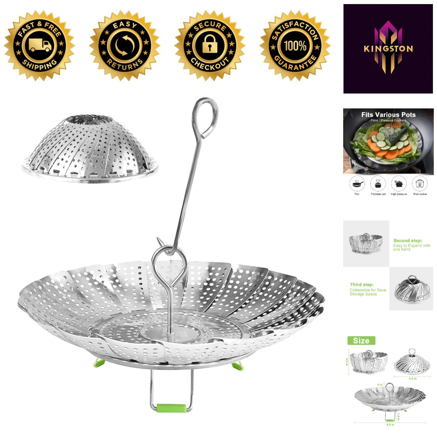 Compact Collapsible Steamer Basket for Healthy Cooking – Pots 5.1″ to 9.5″
