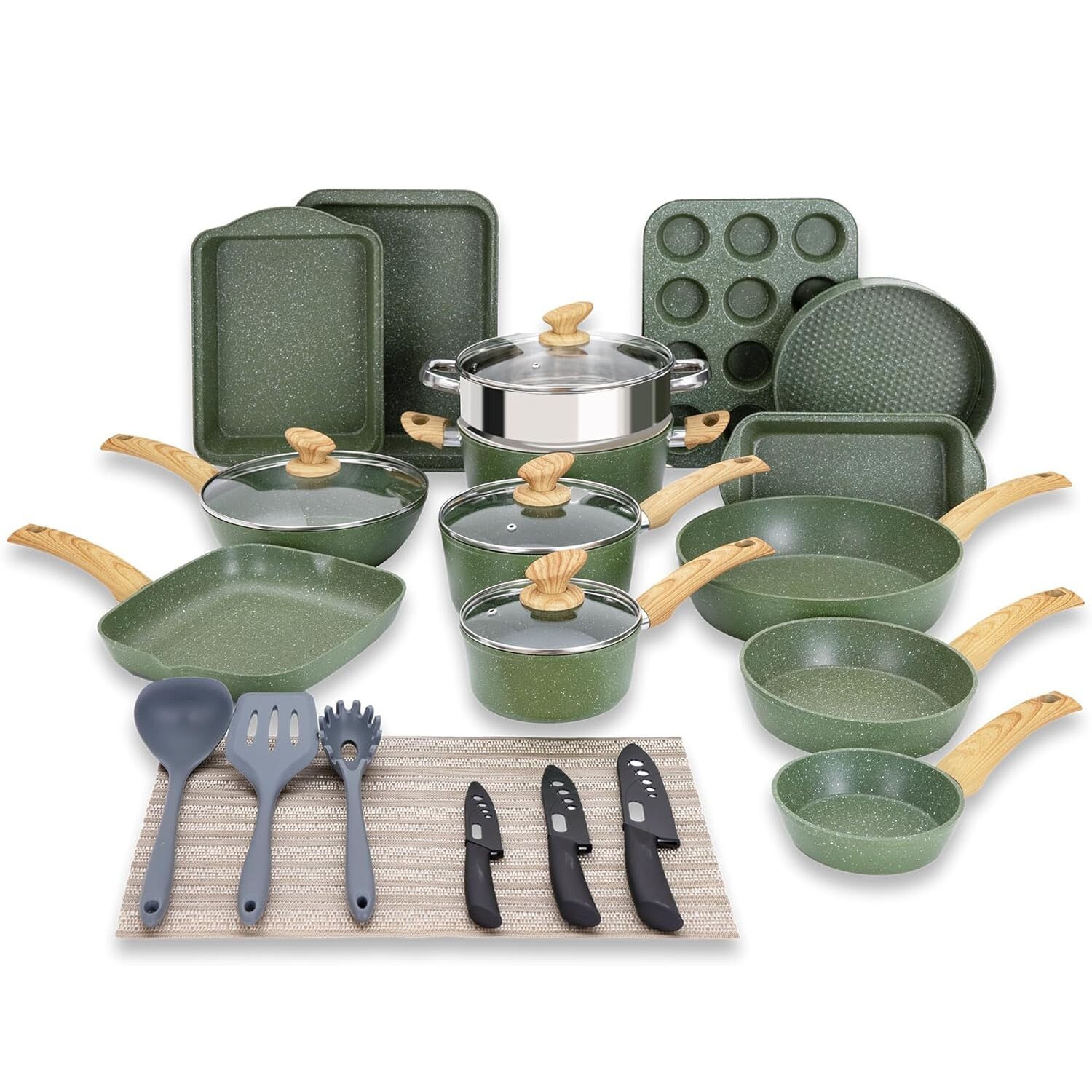 30 Piece Cookware Set Induction Pots and Pans Set Nonstick Granite Bakeware Set
