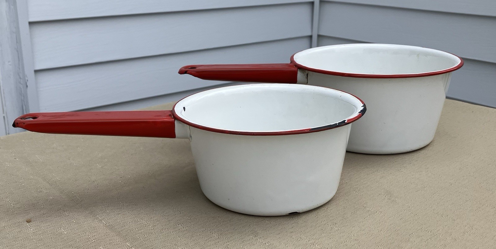 Vintage 1950s Classic White/Red Enamel 2-Piece Saucepan Set Long Handle