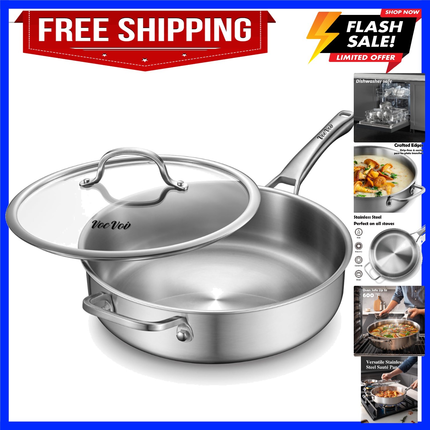 Stainless Steel Pan with Lid, 6 QT Stainless Steel Saute Pan, 12 Inch Frying …