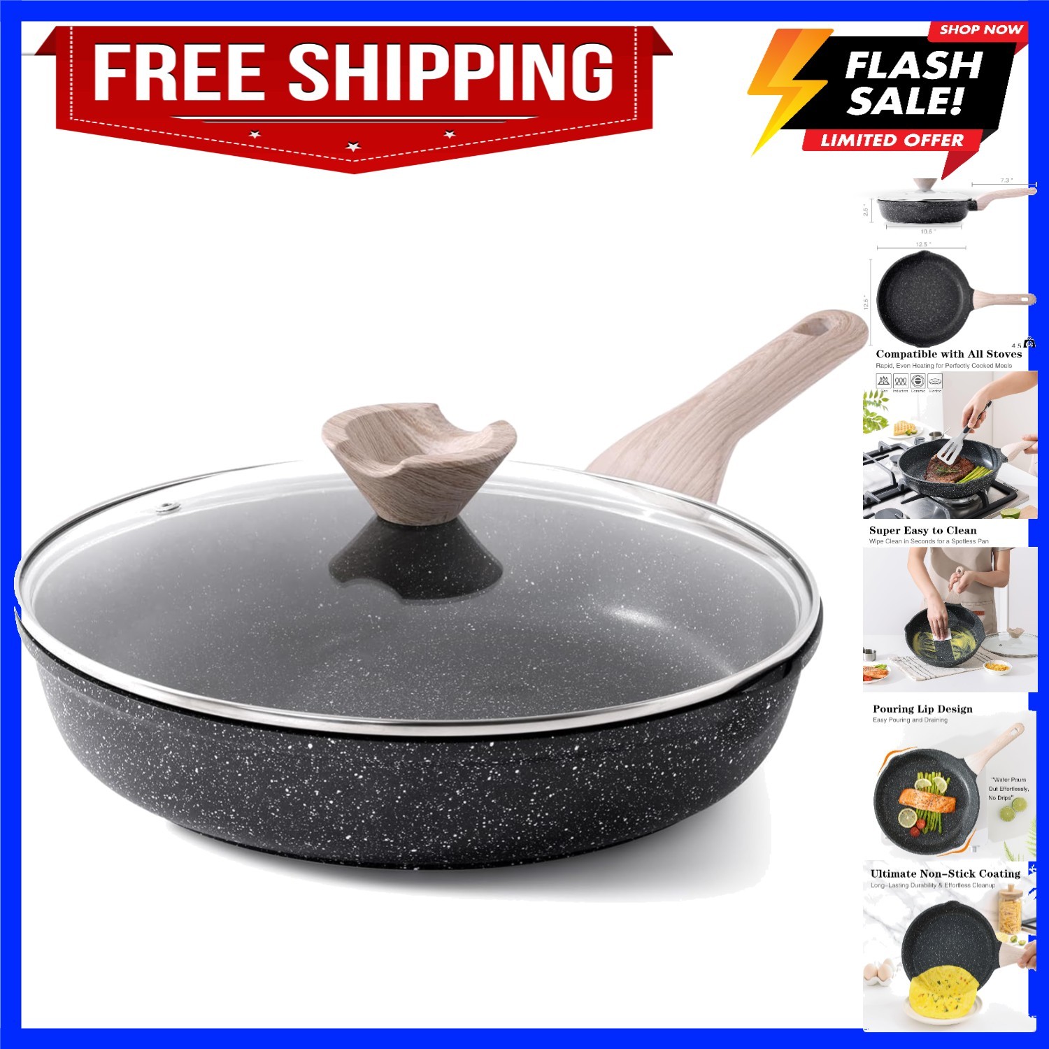 Frying Pans Nonstick with Lid, 12.5 Inch Large Skillet with Lid, Induction Co…
