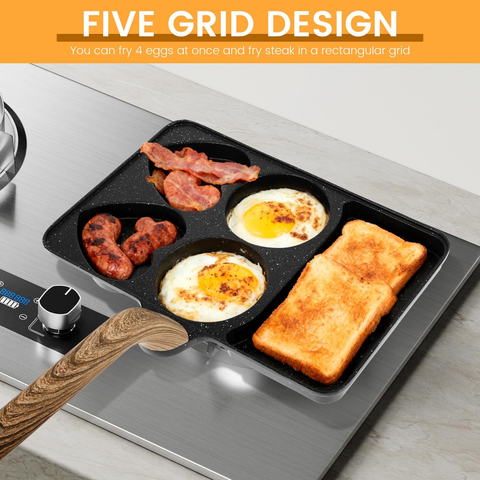 5 In 1 Divided Nonstick Grill Pan Omelette Egg Frying Skillet Induction Black