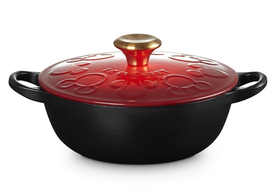 Le Creuset Cast Iron Mickey Mouse Marmite 18cm 1.5Qt Cherry Red Black Gold Knob