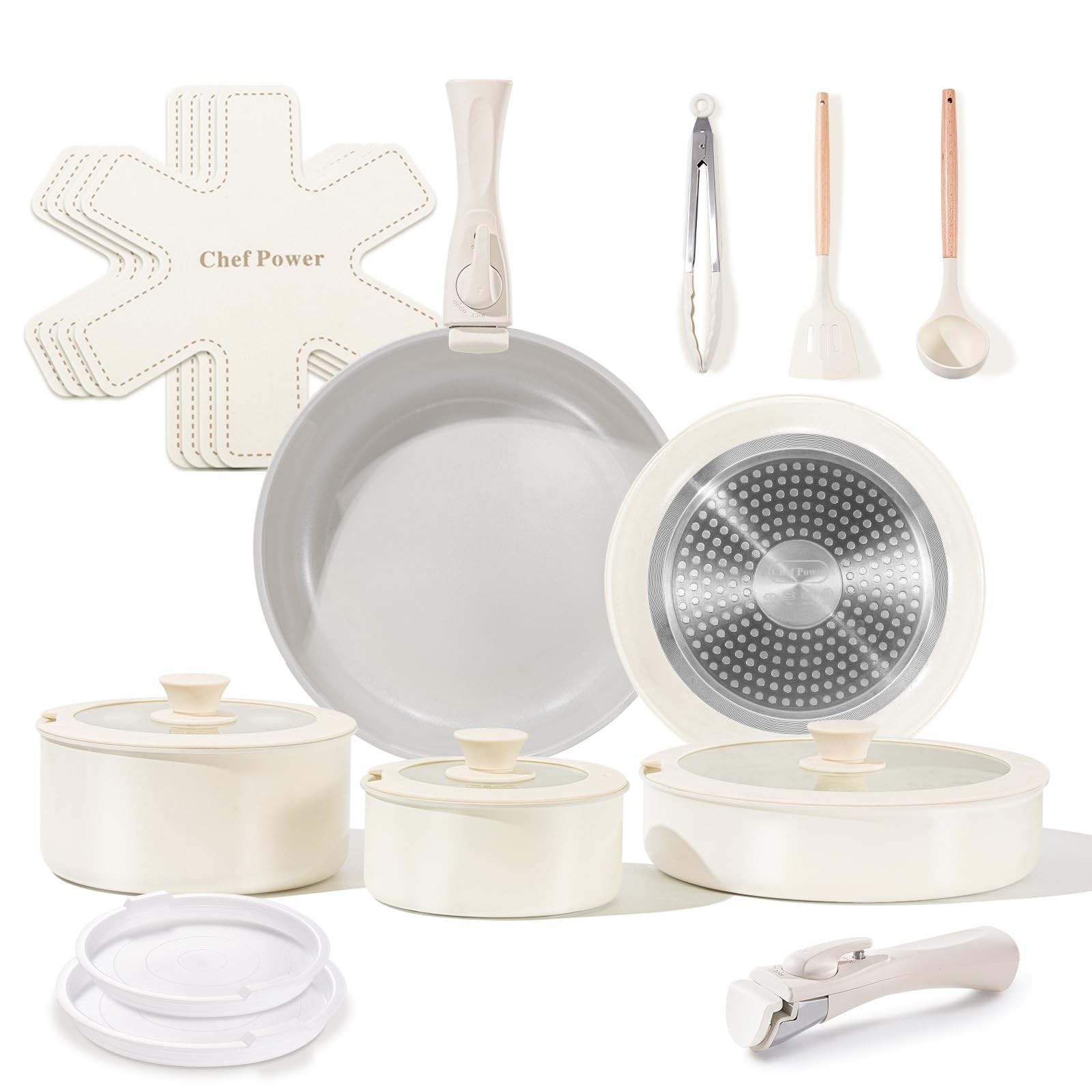 Ceramic Nonstick Pots and Pans Set 19 Piece with Detachable Handle, Induction…