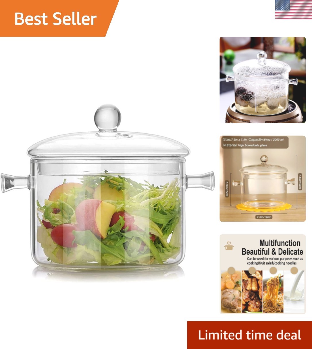 Glass Cooking Pot 2L/67oz Heat-Resistant Borosilicate Cookware Safe for Soup …