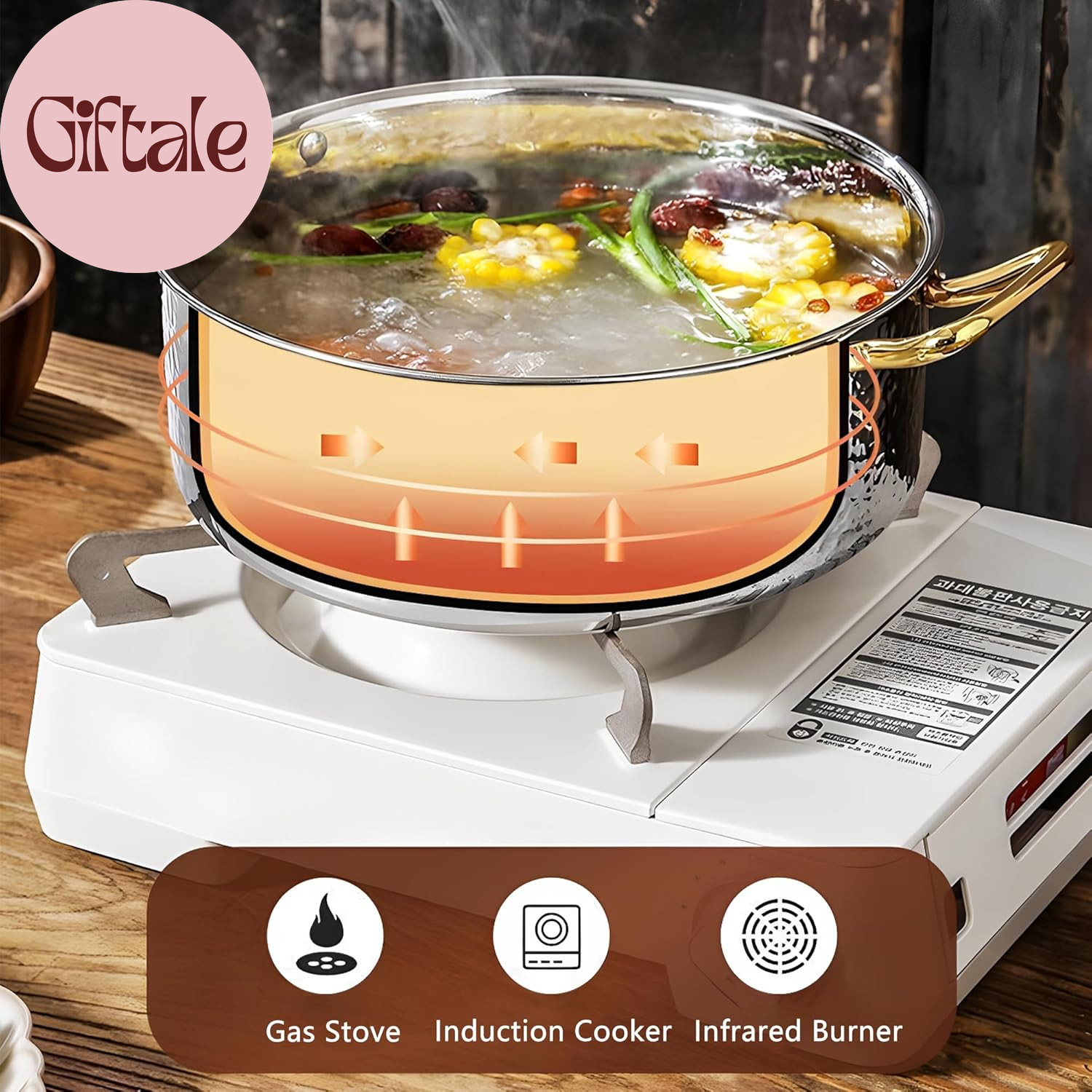 4.2QT Hammered Stock Pot with Lid, Copper Rose Gold, Tri-Ply Stainless Steel, Mu