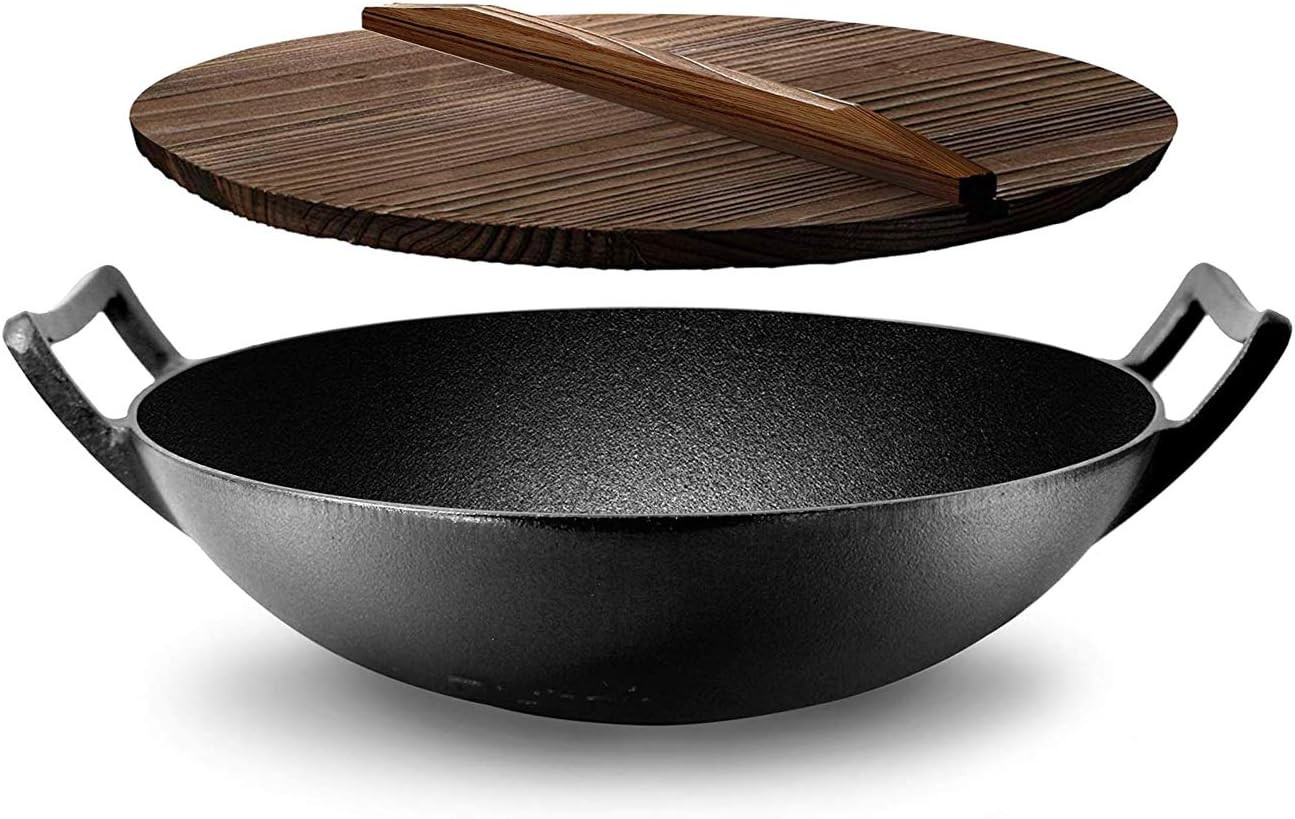 Cast Iron Wok with Wooden Lid – Pre-Seasoned Chinese Wok for Stir-Fry, Compatibl