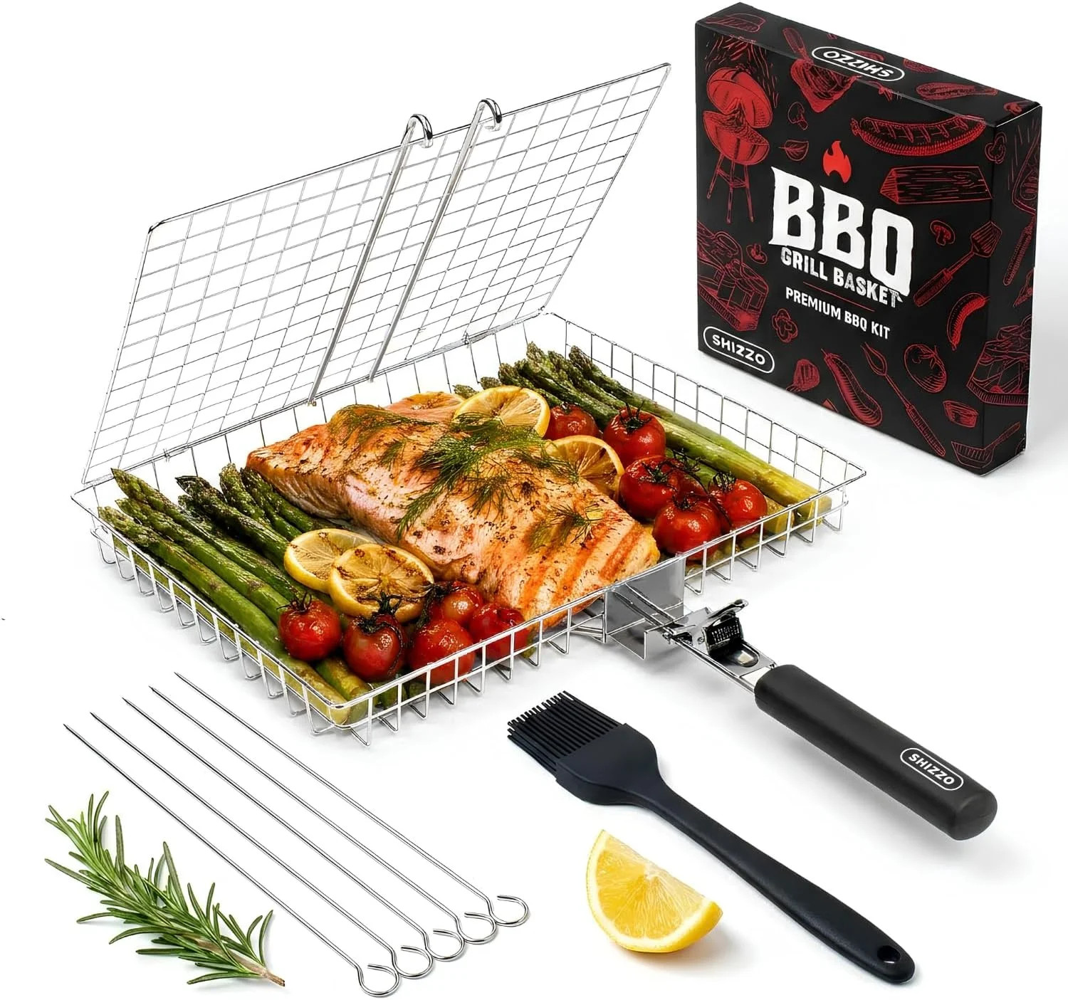 SHIZZO Grill Basket Gift Set – Removable Wooden Handle – Non-Stick Stainless Ste