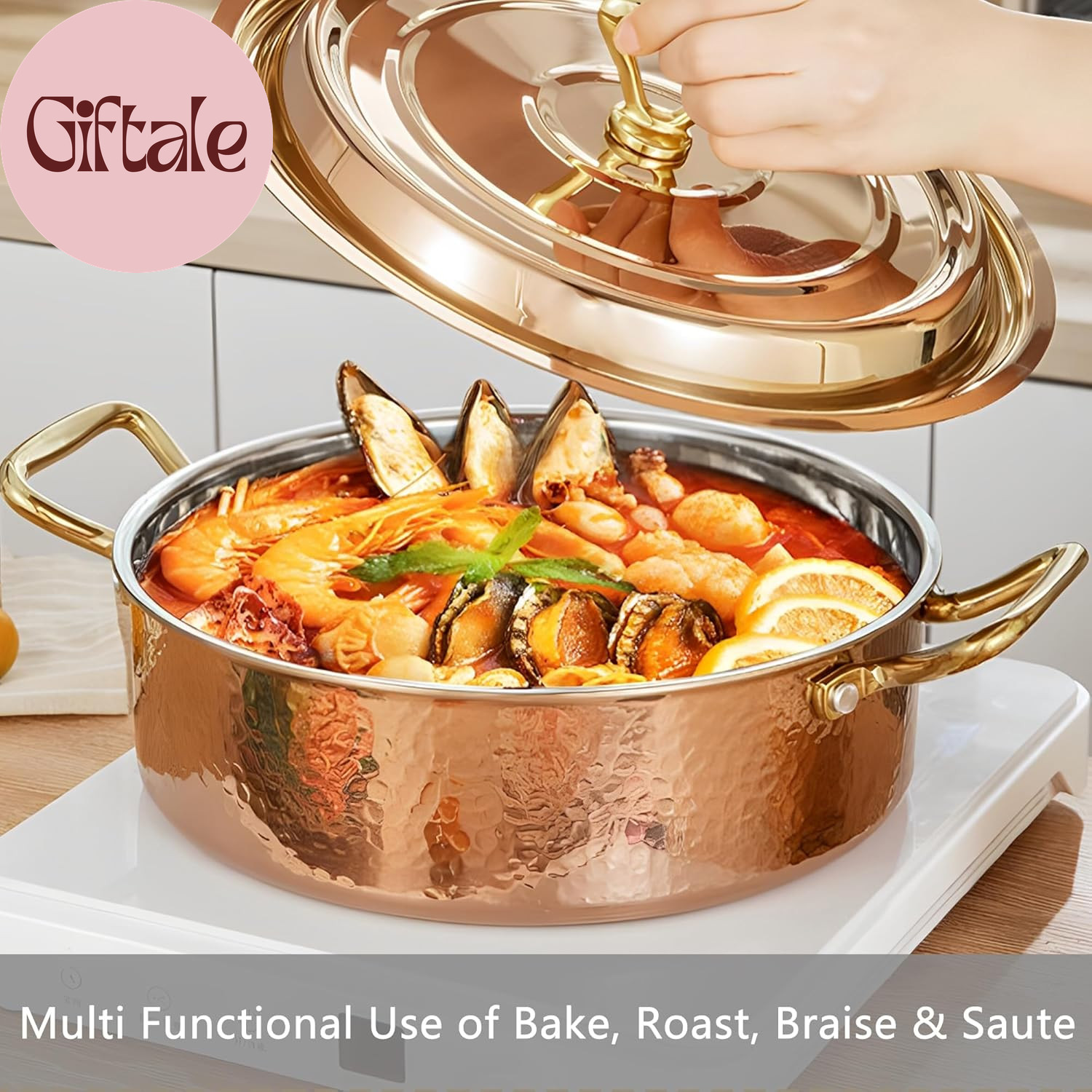 4.2QT Hammered Stock Pot with Lid, Copper Rose Gold, Tri-Ply Stainless Steel, Mu