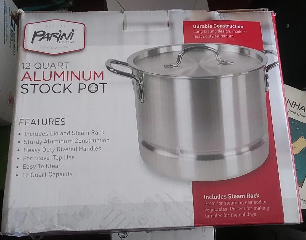 Parini 12 Quart Aluminum Stock Pot With Lid And Steamer Rack