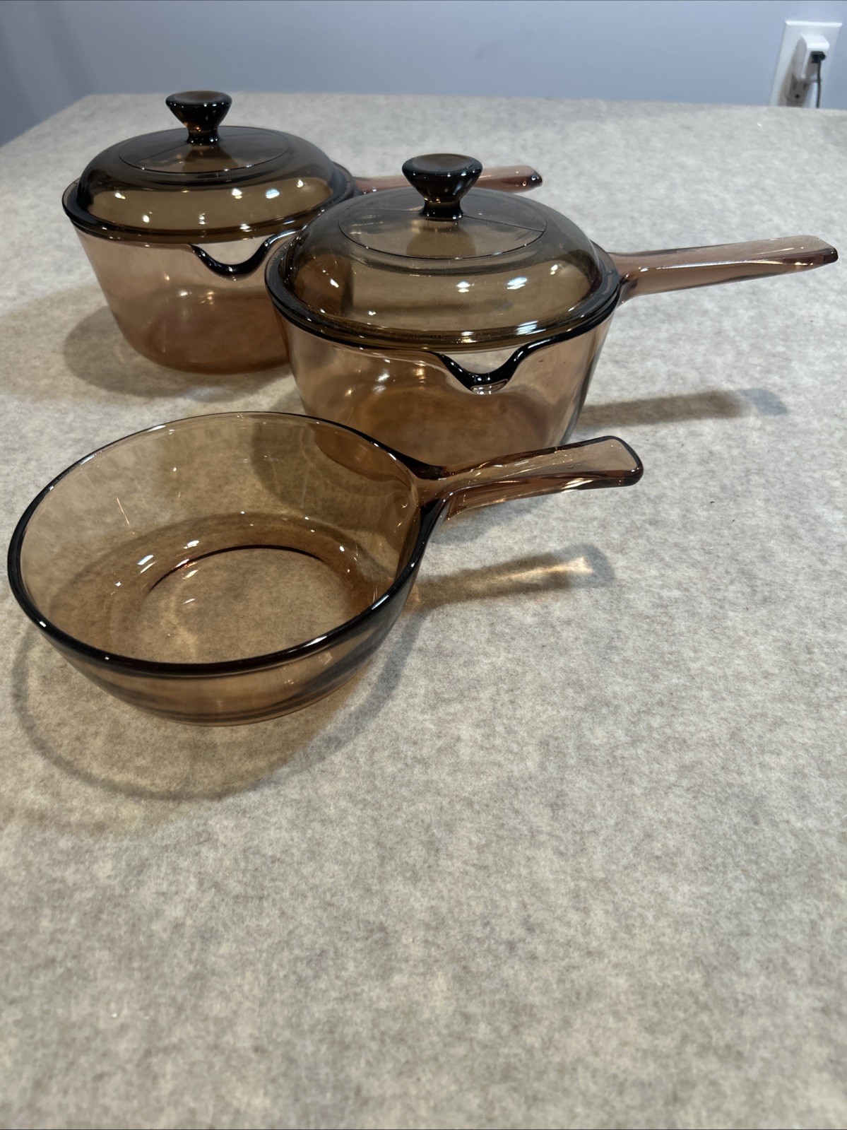 Set Of 3 Corning Vision Ware 1L (2) and 1/2L no lid Amber Sauce Pan Pot Pour
