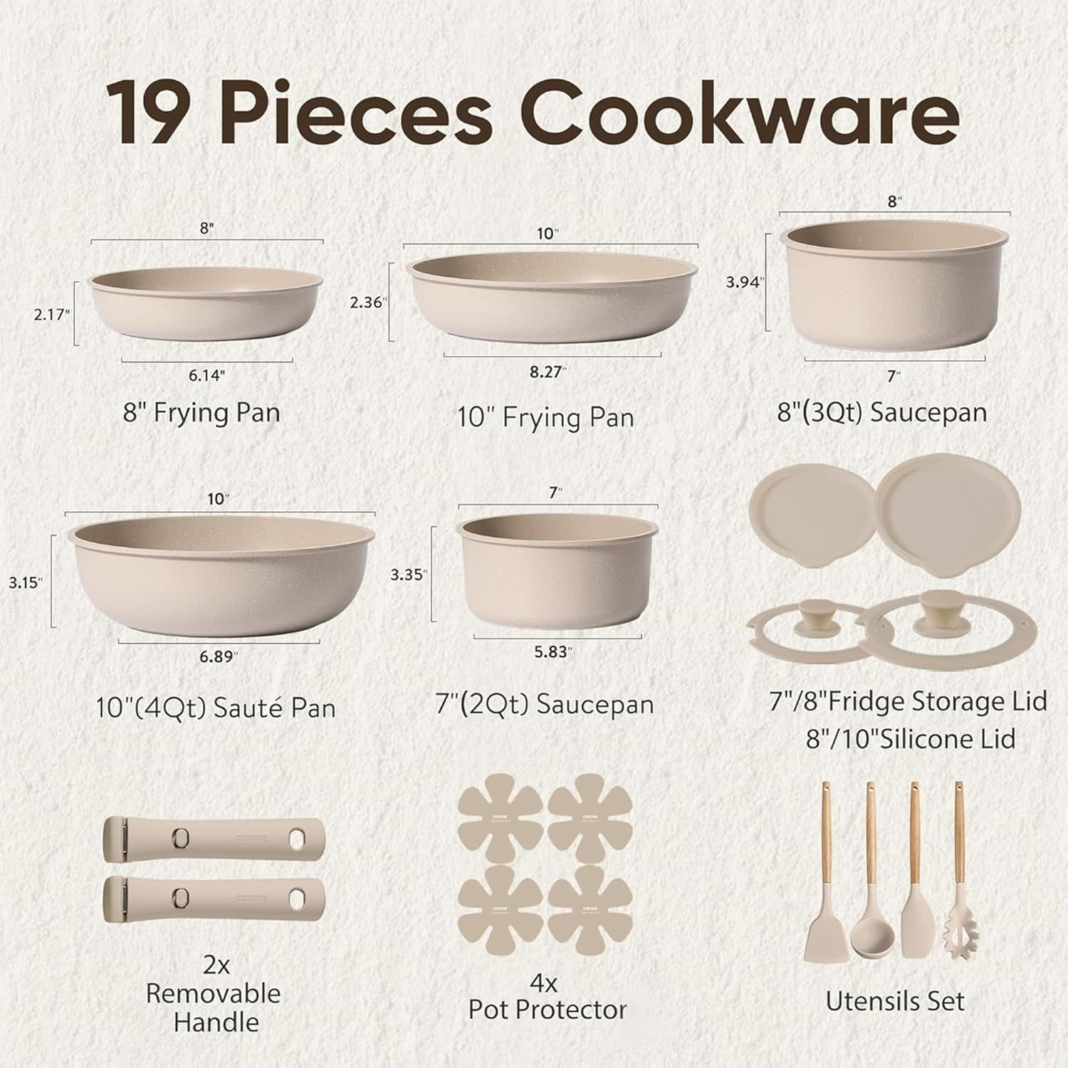 CAROTE 19pcs Pots and Pans Set Non Stick, Nonstick Cookware Set Detachable Handl