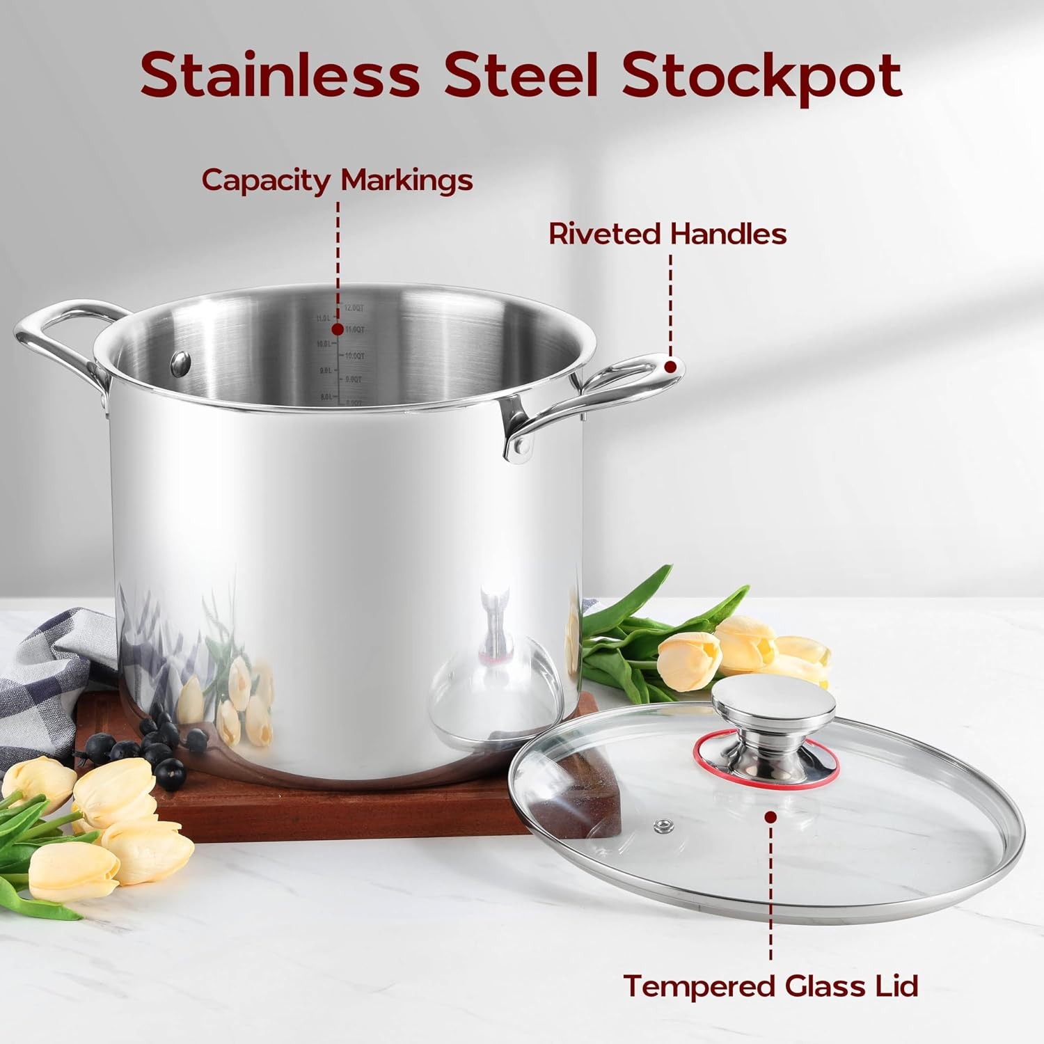12QT Large Stainless Steel Stock Pot with Lid, Tri-ply Cooking Soup Stockpot