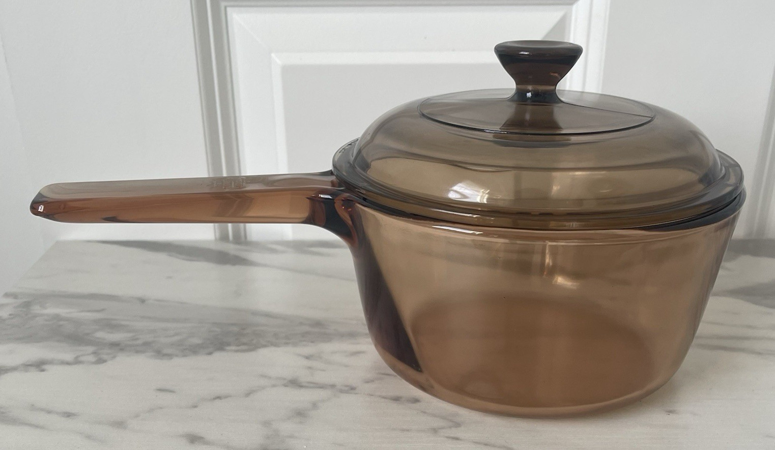 Vintage Pyrex Corning Vision Ware Amber 1L Glass Cooking Pot Spout Lid – USA