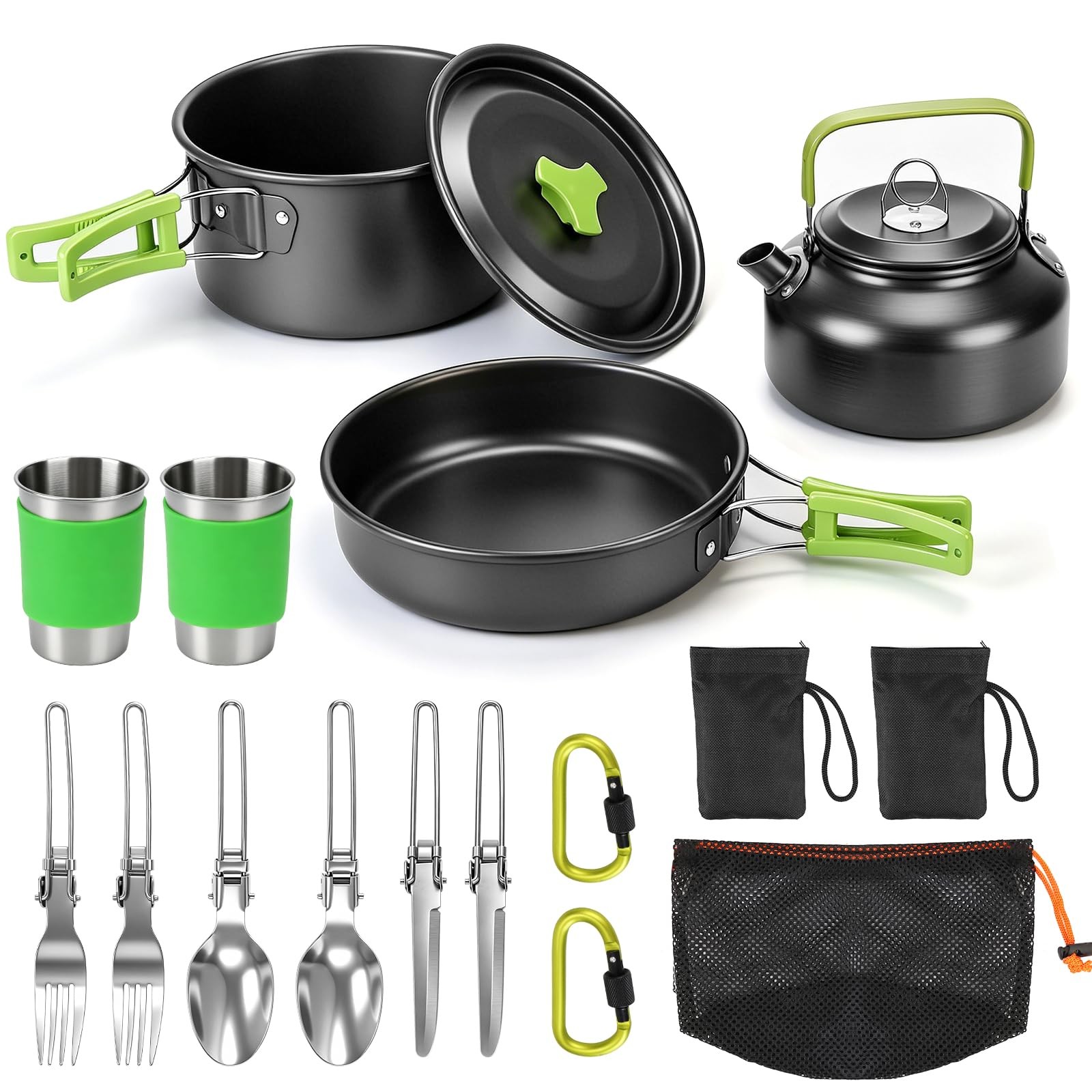 14pcs Camping Cookware Camping Pots and Pans Set with Stainless Steel Cups Pl…