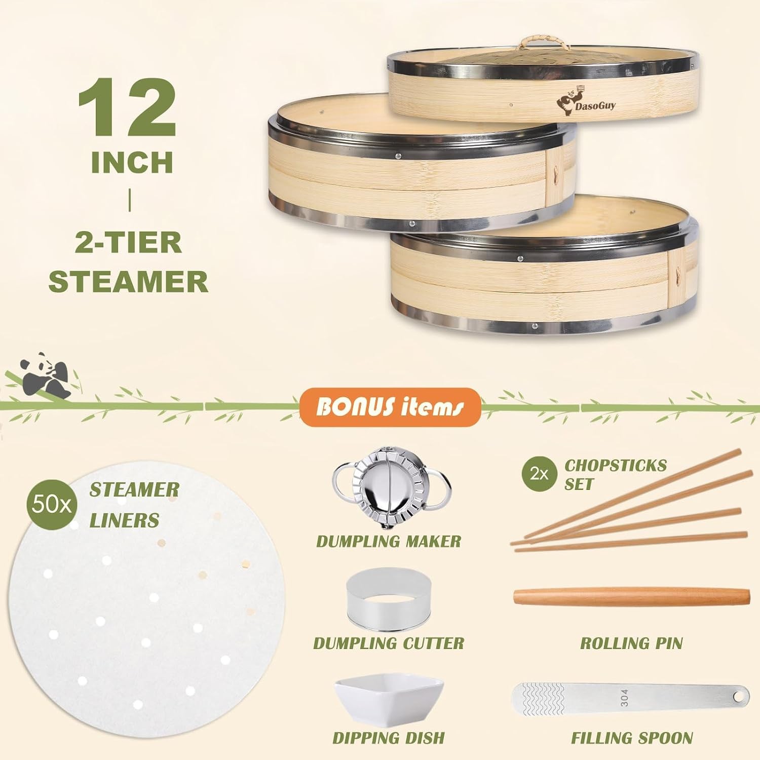 Bamboo Steamer Basket, Stainless Steel Reinforced Rim, 12-Inch 2-Tier Steamer