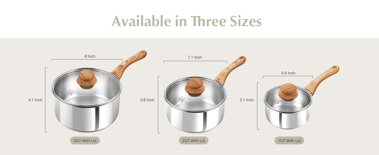 Stainless Steel Pots, 6 Piece Sauce Pan Set with Lids, 1QT, 2QT, 3QT Stainless